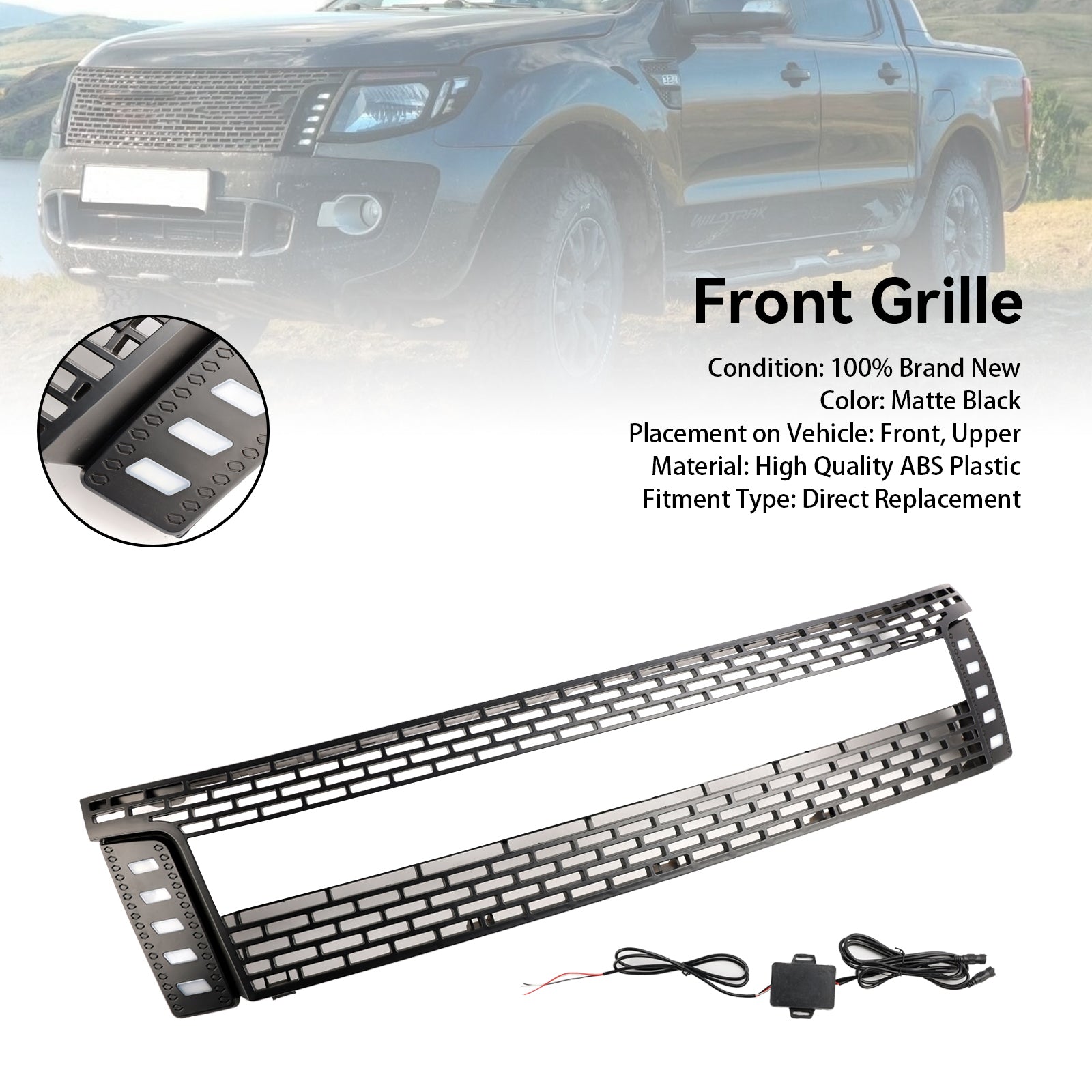 2012-2015 Ford Ranger T6 PX1 Raptor sprednja rešetka, zgornji odbijač, mat črna zamenjava rešetke z LED lučmi