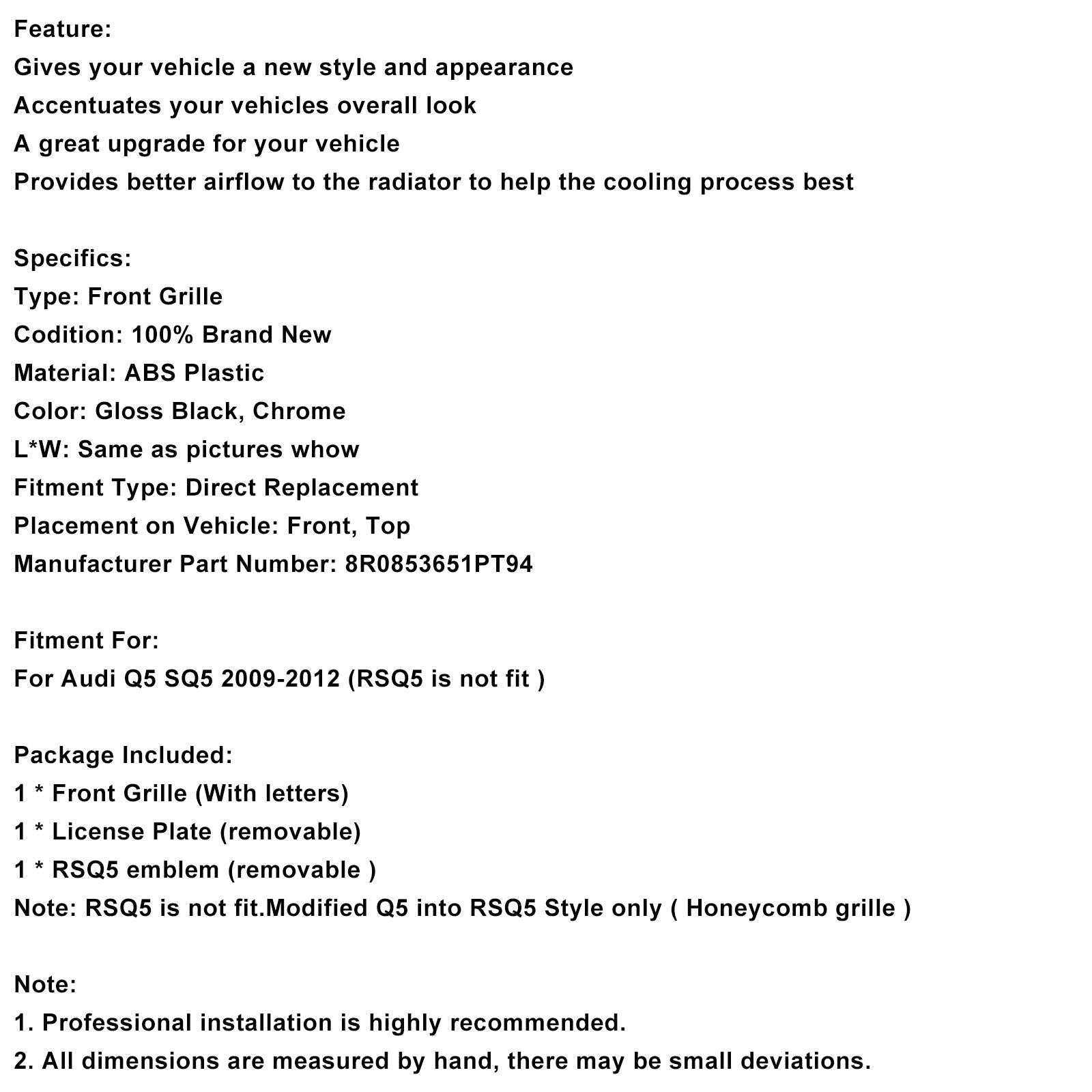 Grille de pare-chocs avant chromée/noire pour Audi Q5 2009-2012 8R0853651B