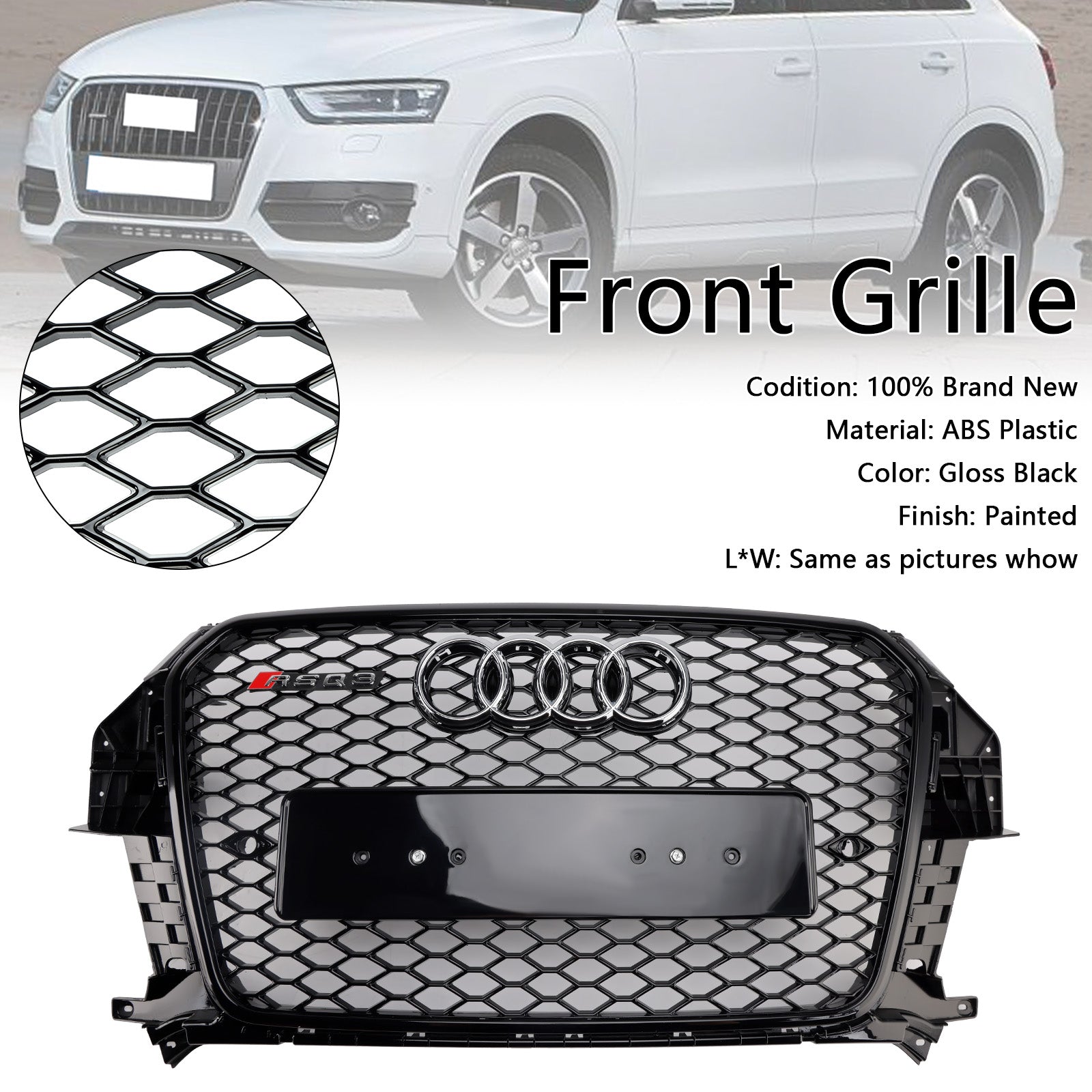 Calandre avant en nid d'abeille style Audi Q3 S-Line RSQ3 2011-2015, noir brillant