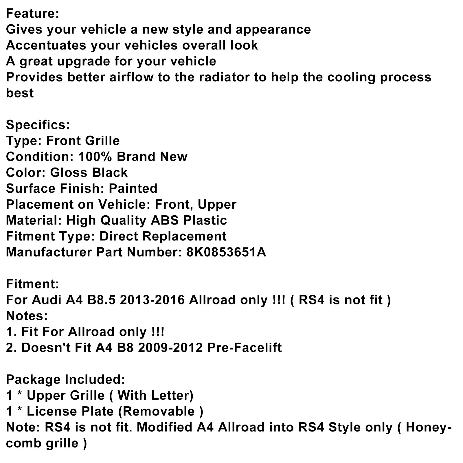 Grille de pare-chocs avant style RS4 pour Audi A4 B8.5 Allroad 2013-2016 uniquement
