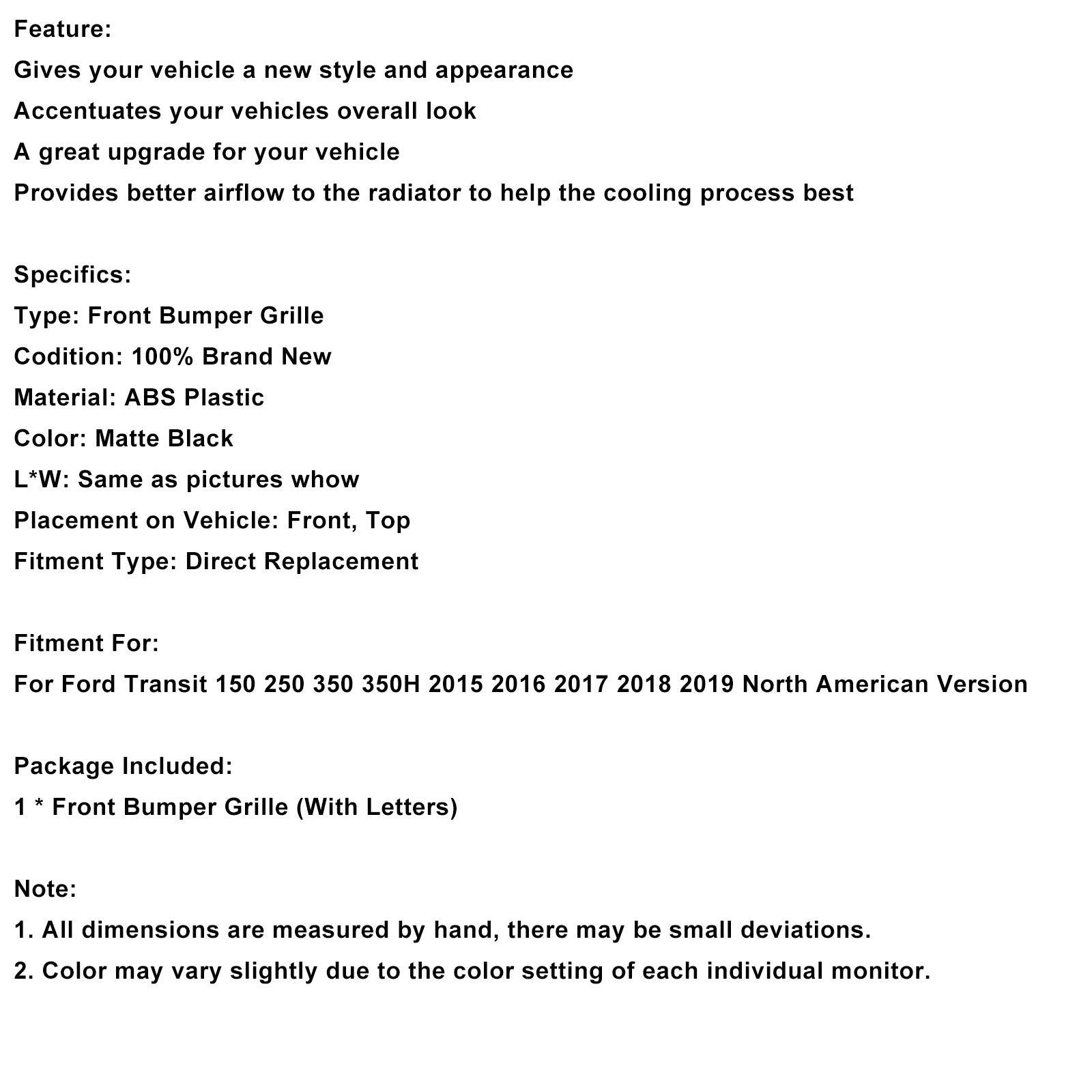 Črna maska sprednjega odbijača za Ford Transit 150, 250, 350 in 350H (2015-2019).