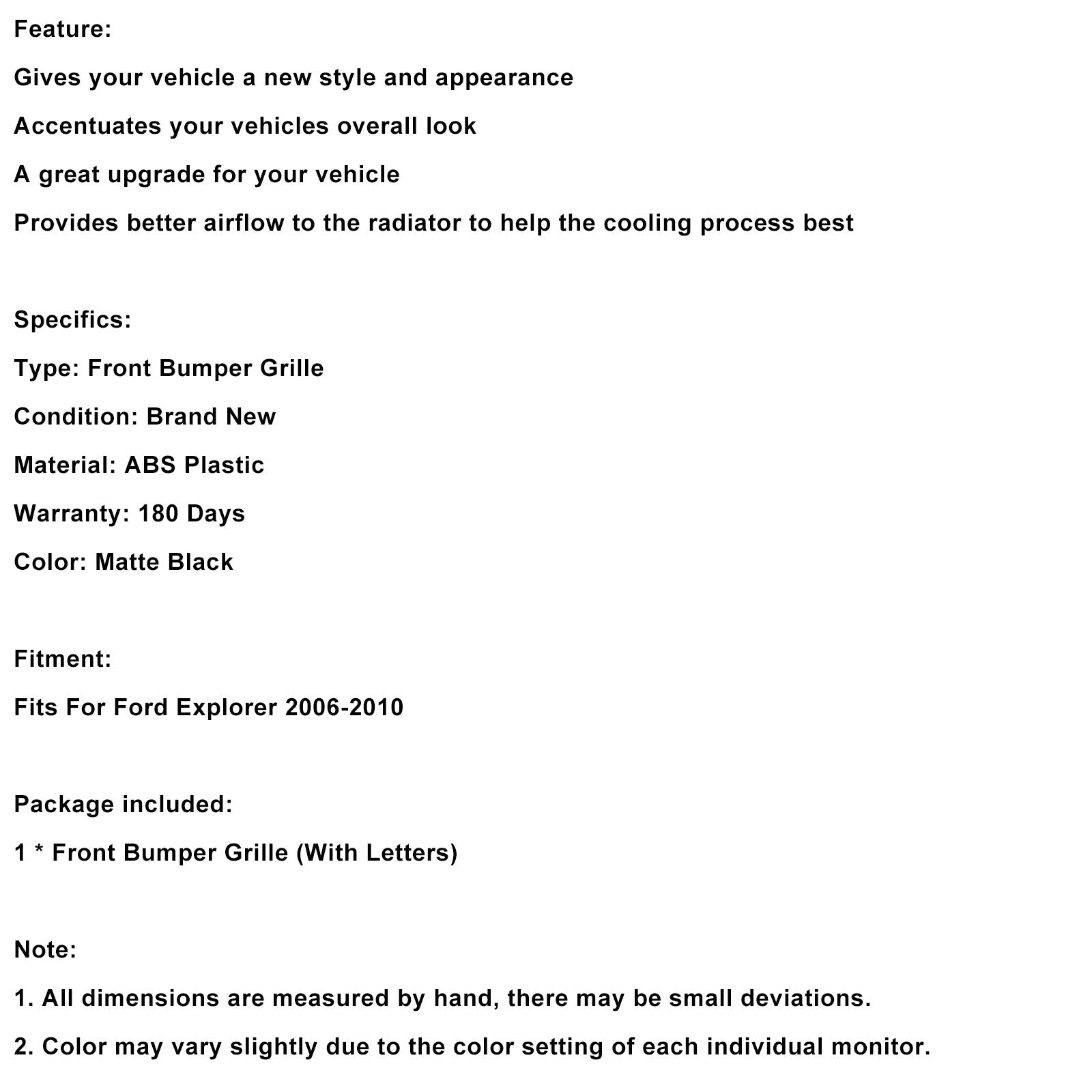 Prozorna črna zgornja rešetka sprednjega odbijača za Ford Explorer 2006-2010