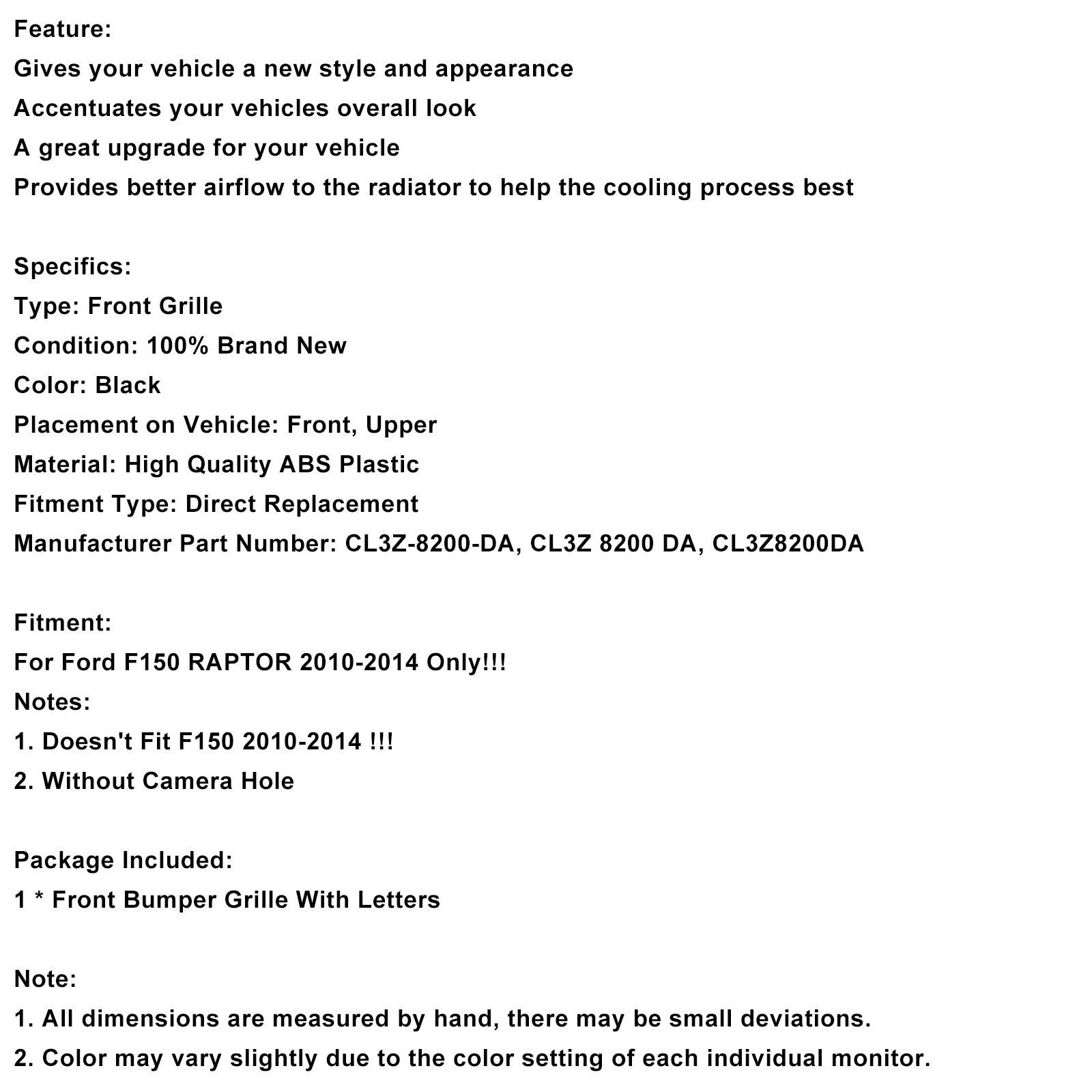 Rejilla de parachoques delantero sin cámara de orificio para Ford F-150 Raptor 2010-2014 CL3Z8200DA