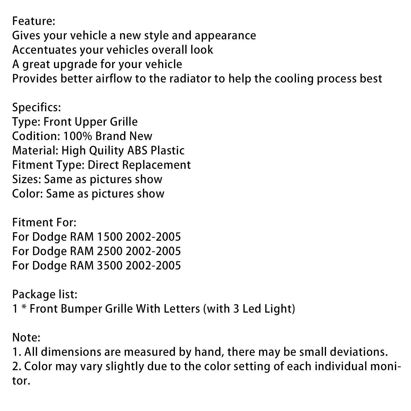 Grille de pare-chocs avant style rebelle pour Dodge RAM 1500/2500/3500 2002-2005