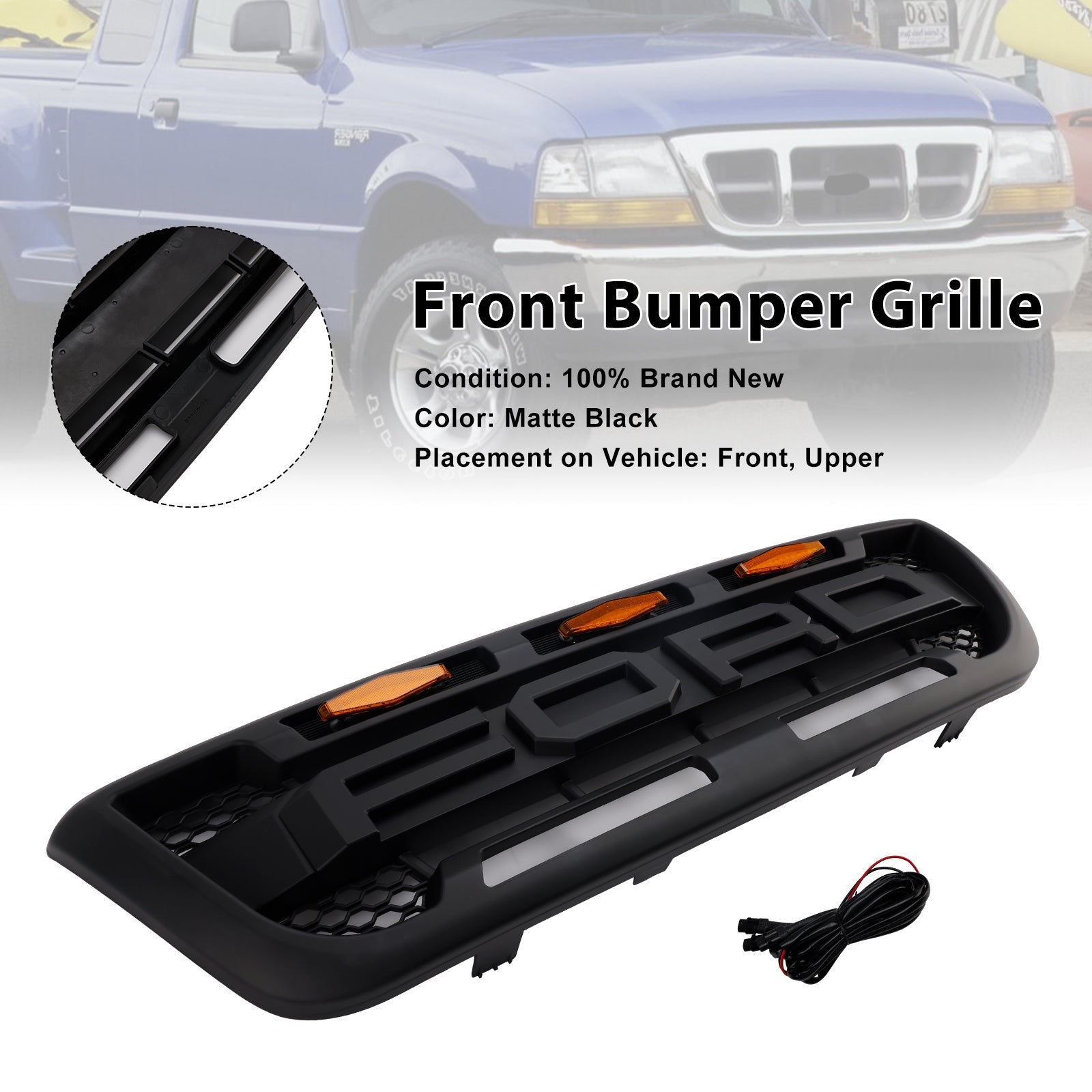 Calandre de pare-chocs avant noire mate avec éclairage LED pour Ford Ranger 1998-2000