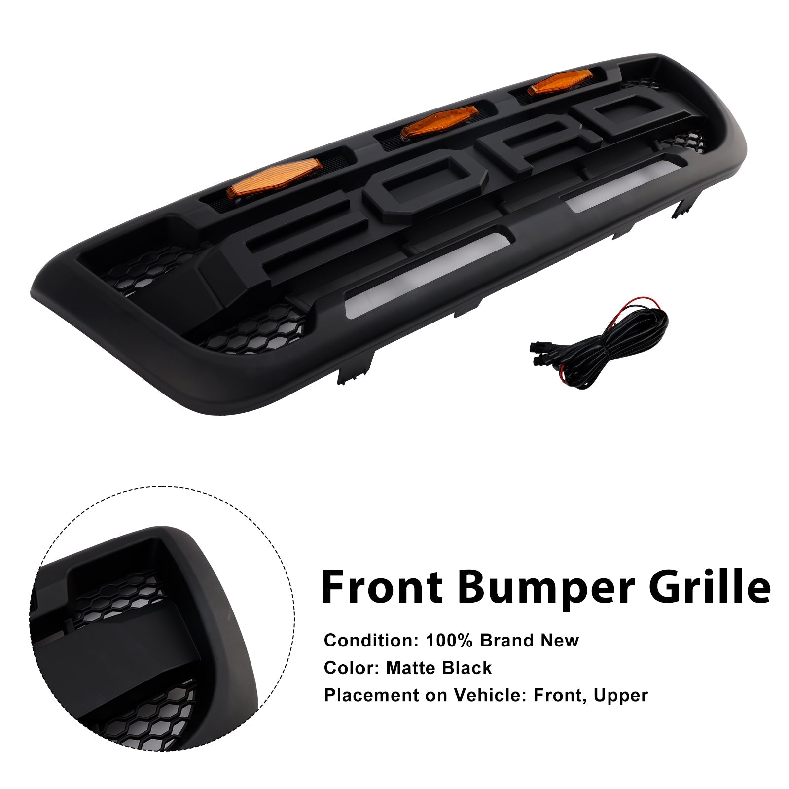 Calandre de pare-chocs avant noire mate avec éclairage LED pour Ford Ranger 1998-2000