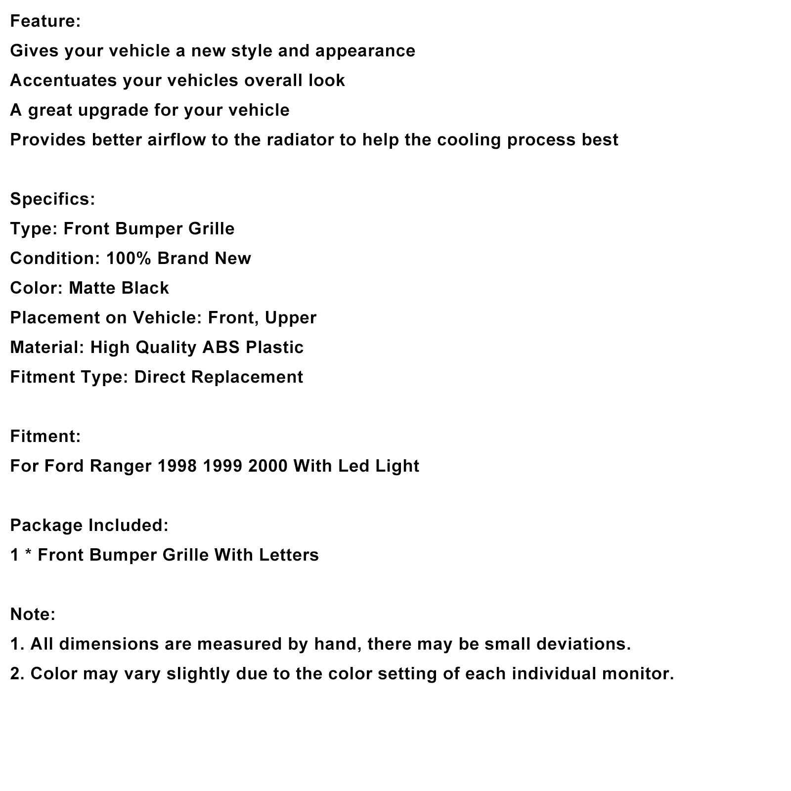 Calandre de pare-chocs avant noire mate avec éclairage LED pour Ford Ranger 1998-2000