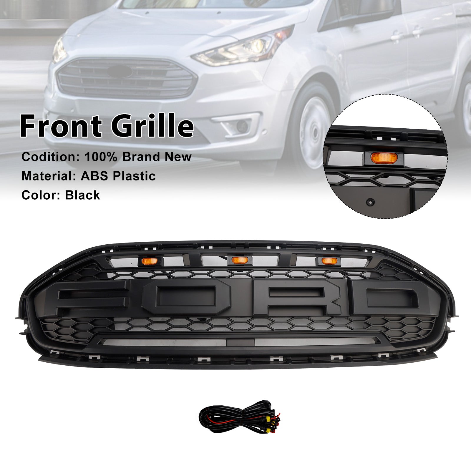 Grille de pare-chocs avant noire avec LED pour Ford Transit Connect 2019-2023