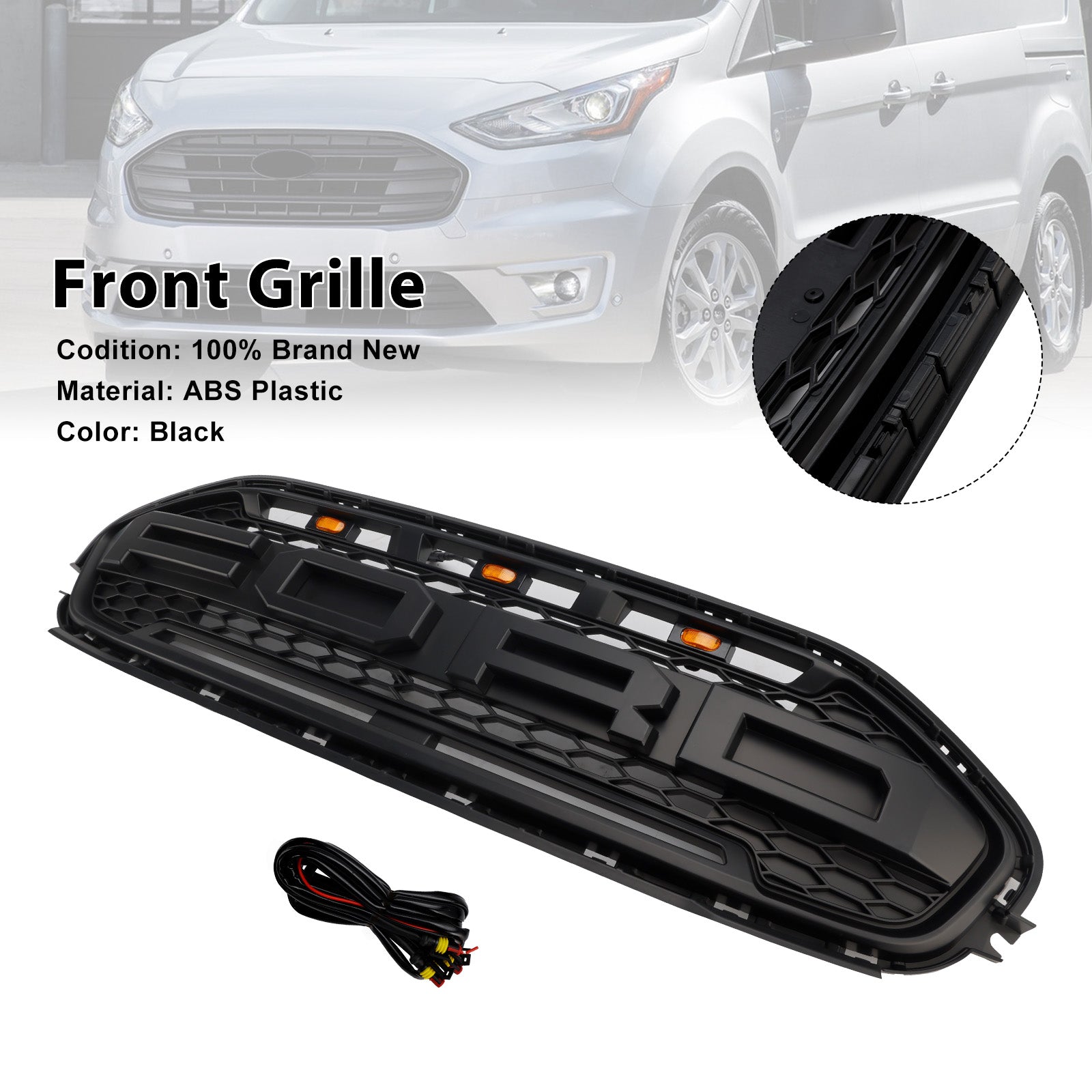 Calandre de pare-chocs avant noire avec LED pour Ford Transit Connect 2019-2023