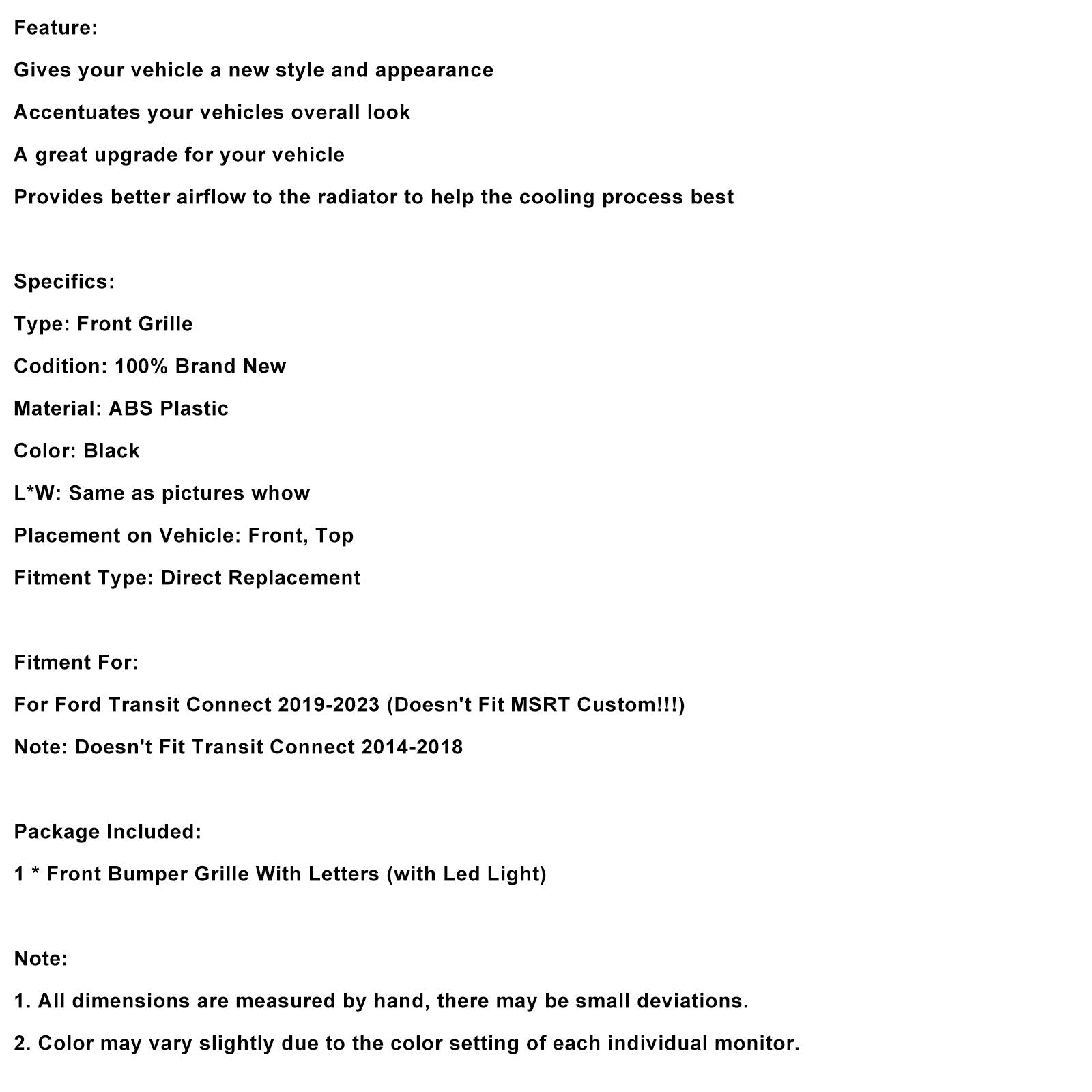 Griglia paraurti anteriore nera con LED per Ford Transit Connect 2019-2023