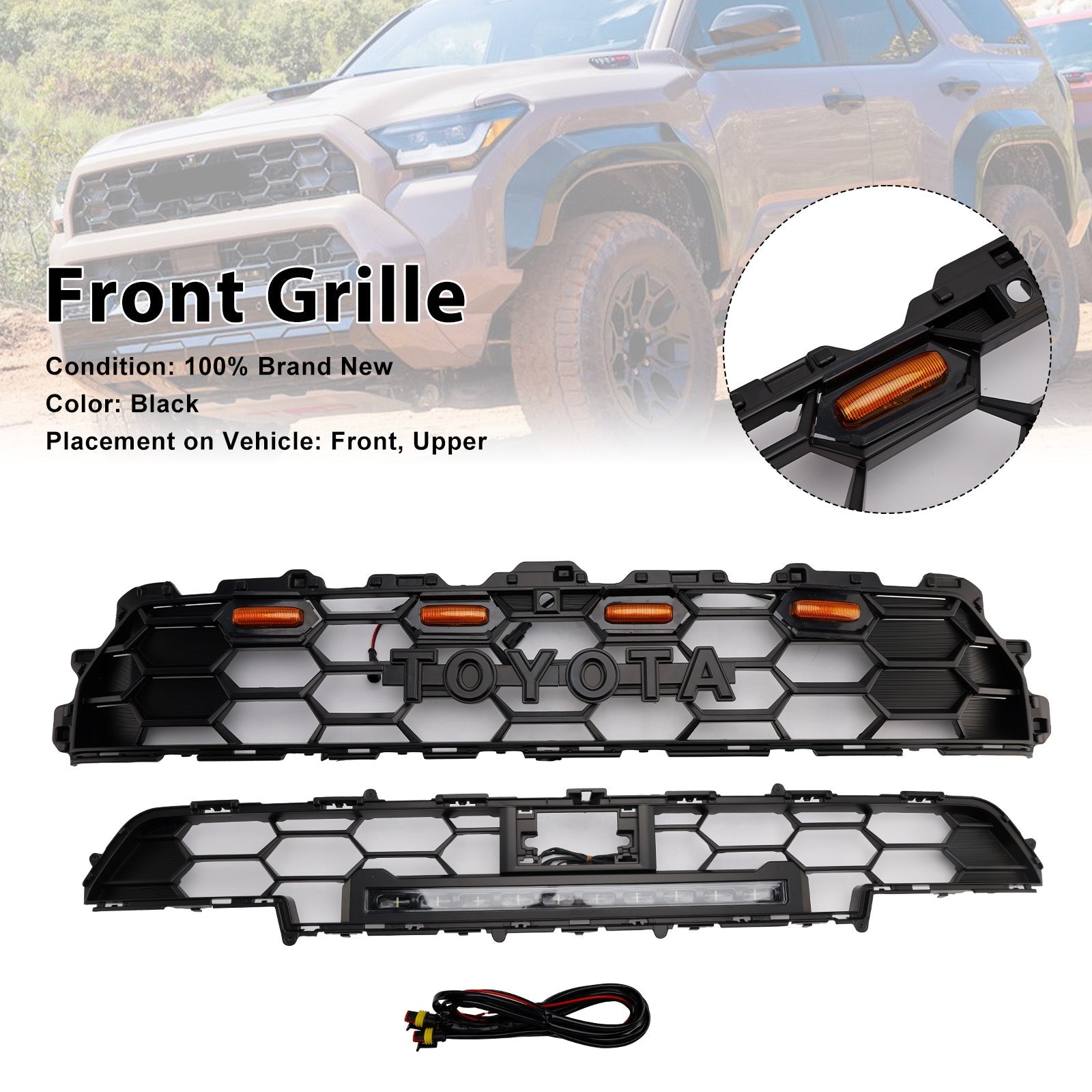 Rejilla de parachoques delantero negra con barra de luz para Toyota 4Runner TRD PRO (modelos 2024 y posteriores)