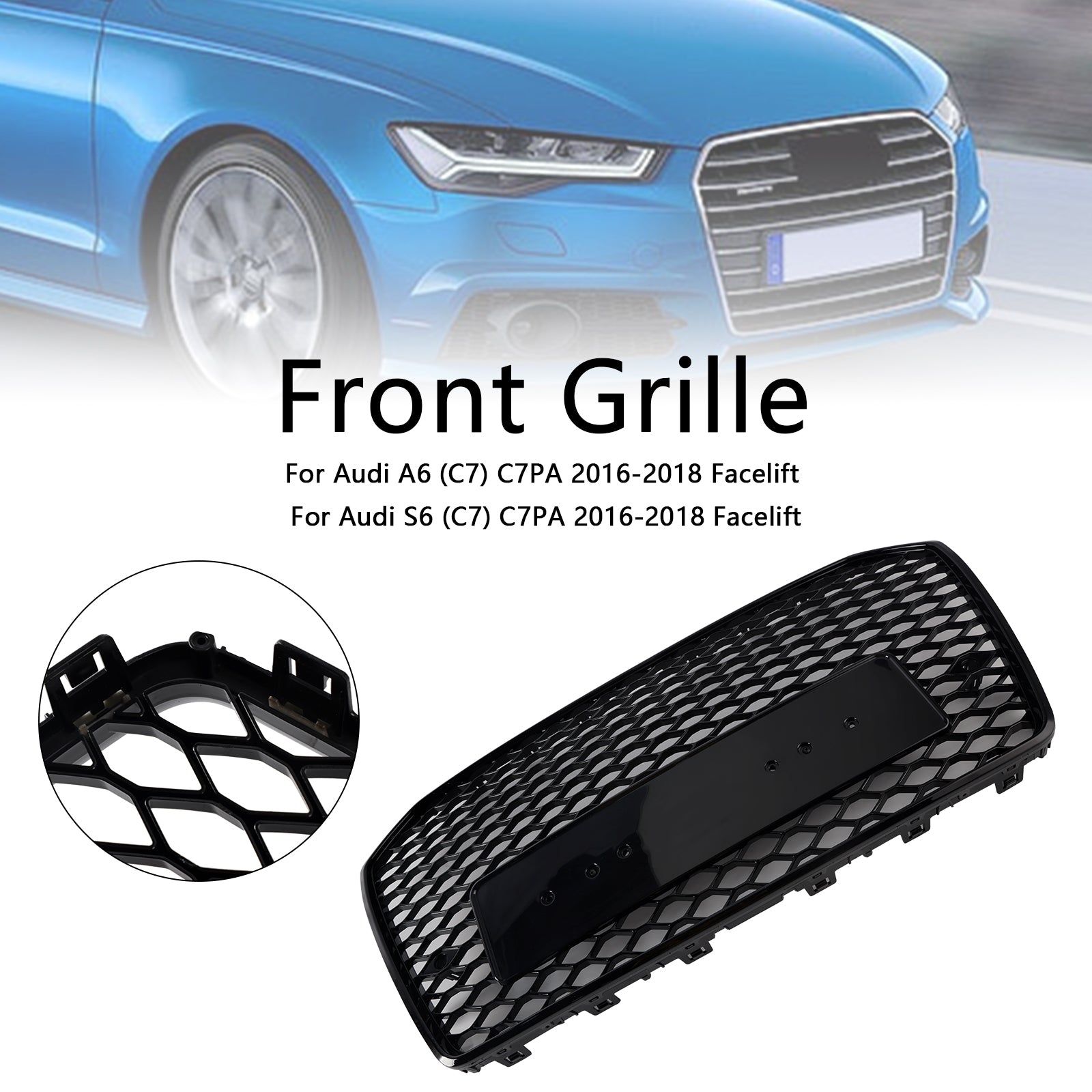 Przednia kratka o strukturze plastra miodu w stylu RS6 dla Audi A6 S6 C7 2016-2018 Czarny