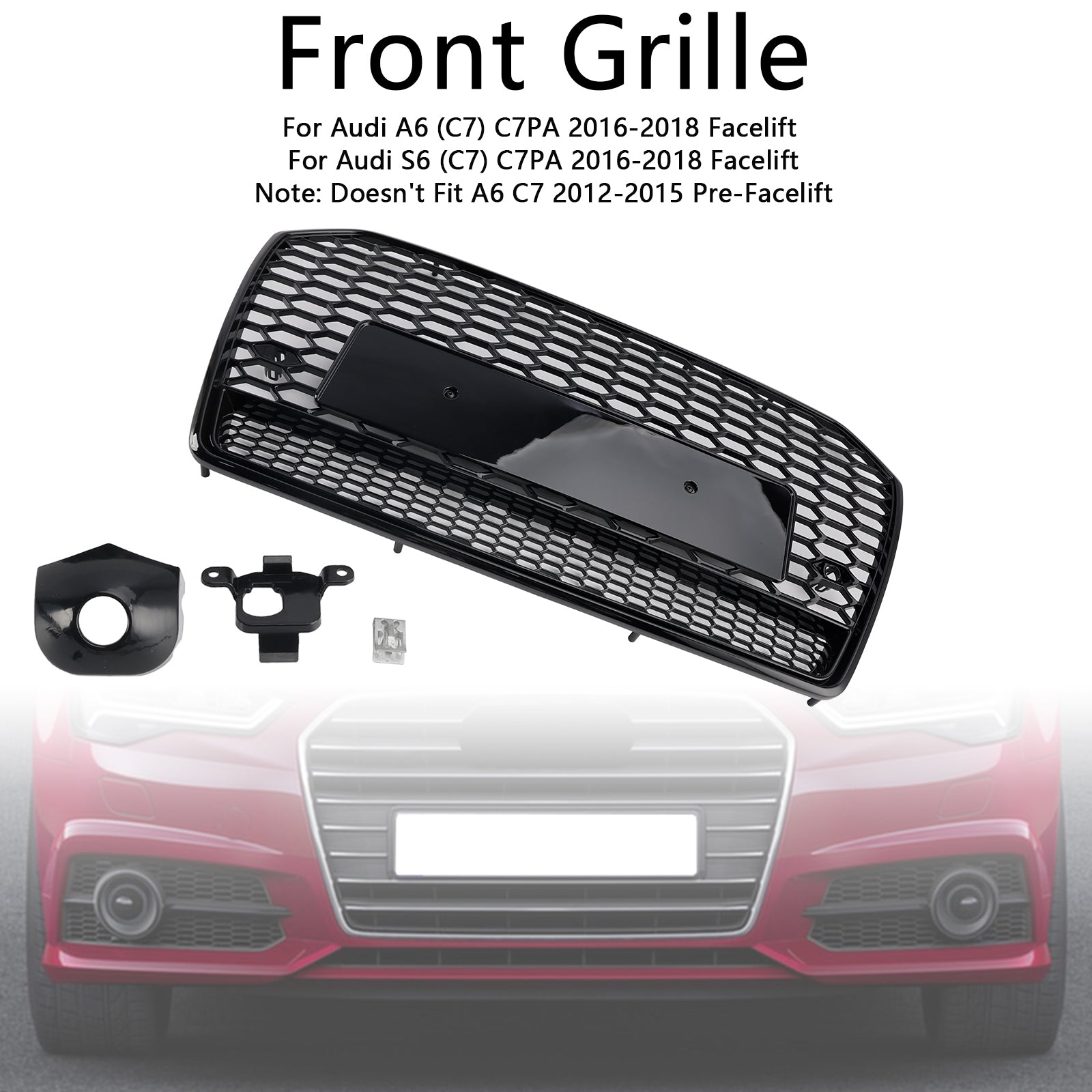 Calandre avant en nid d'abeille style RS6 pour Audi A6 S6 C7 2016-2018, noire