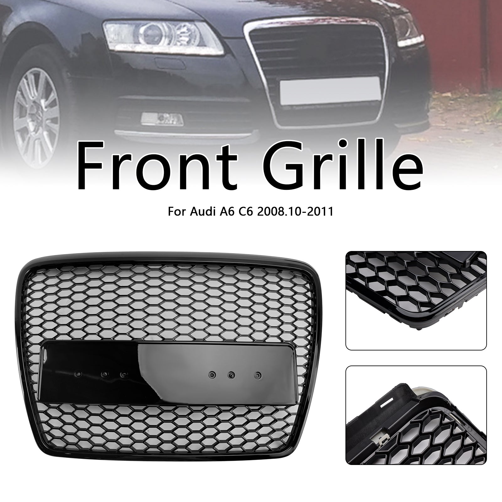 Sportowy grill przedni w stylu RS6 do Audi A6/S6/A6 Sline C6 (2008-2011) - Czarny, sześciokątny wzór plastra miodu z emblematem