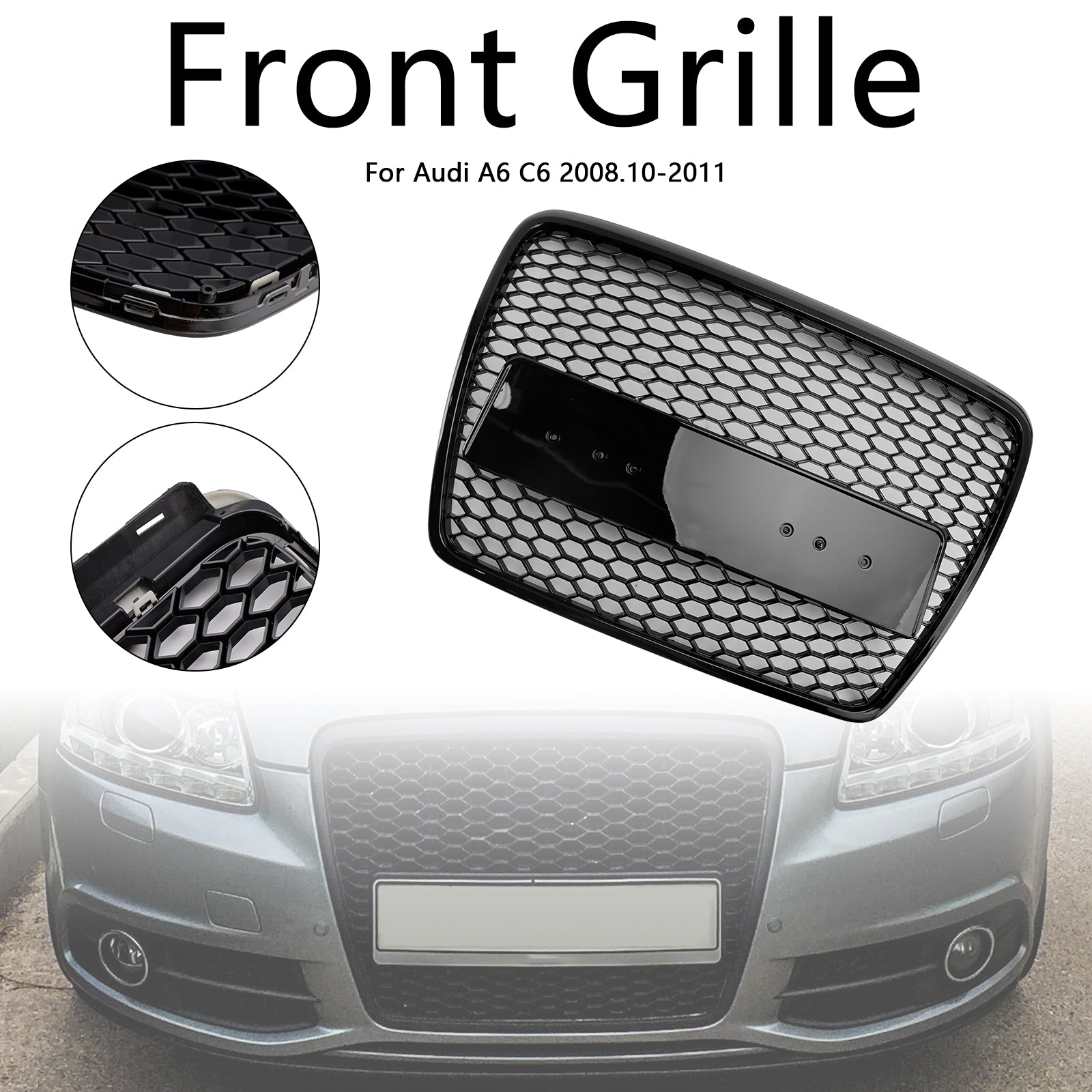 Sportowy grill przedni w stylu RS6 do Audi A6/S6/A6 Sline C6 (2008-2011) - Czarny, sześciokątny wzór plastra miodu z emblematem