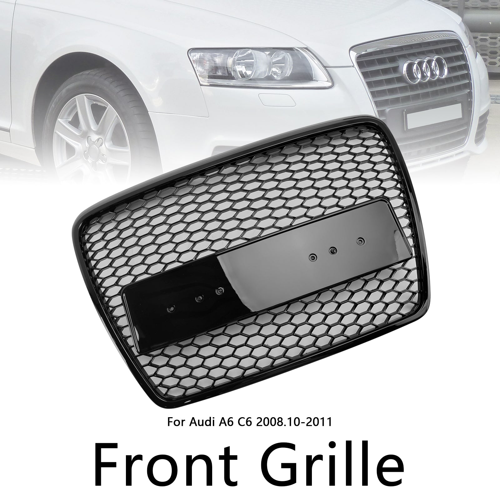 Sportowy grill przedni w stylu RS6 do Audi A6/S6/A6 Sline C6 (2008-2011) - Czarny, sześciokątny wzór plastra miodu z emblematem