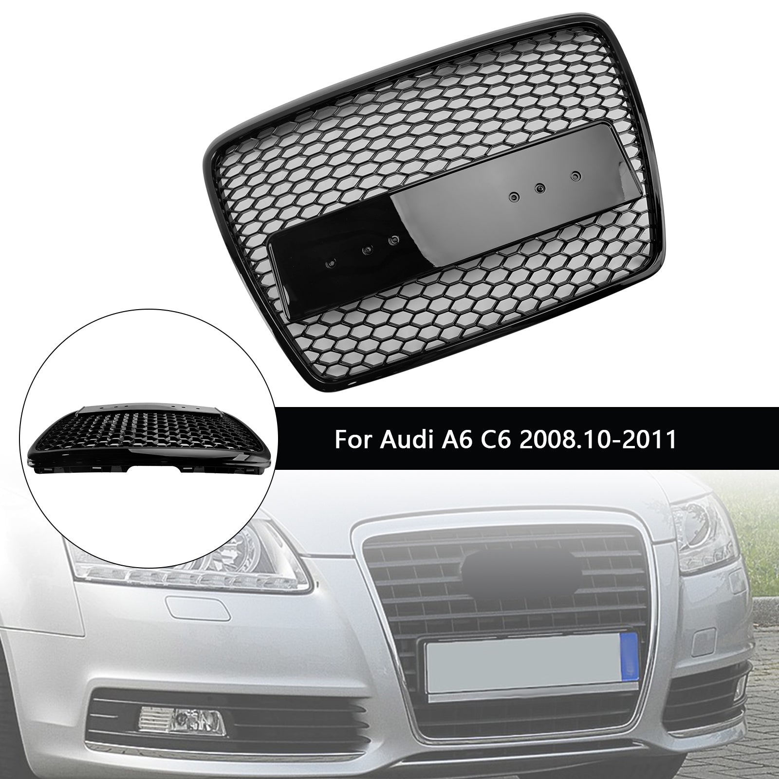 Sportowy grill przedni w stylu RS6 do Audi A6/S6/A6 Sline C6 (2008-2011) - Czarny, sześciokątny wzór plastra miodu z emblematem