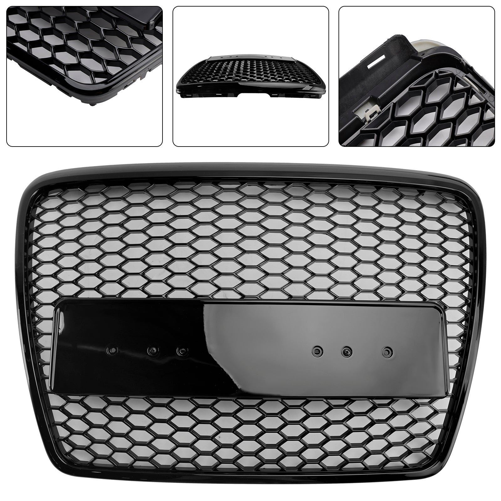 Sportowy grill przedni w stylu RS6 do Audi A6/S6/A6 Sline C6 (2008-2011) - Czarny, sześciokątny wzór plastra miodu z emblematem