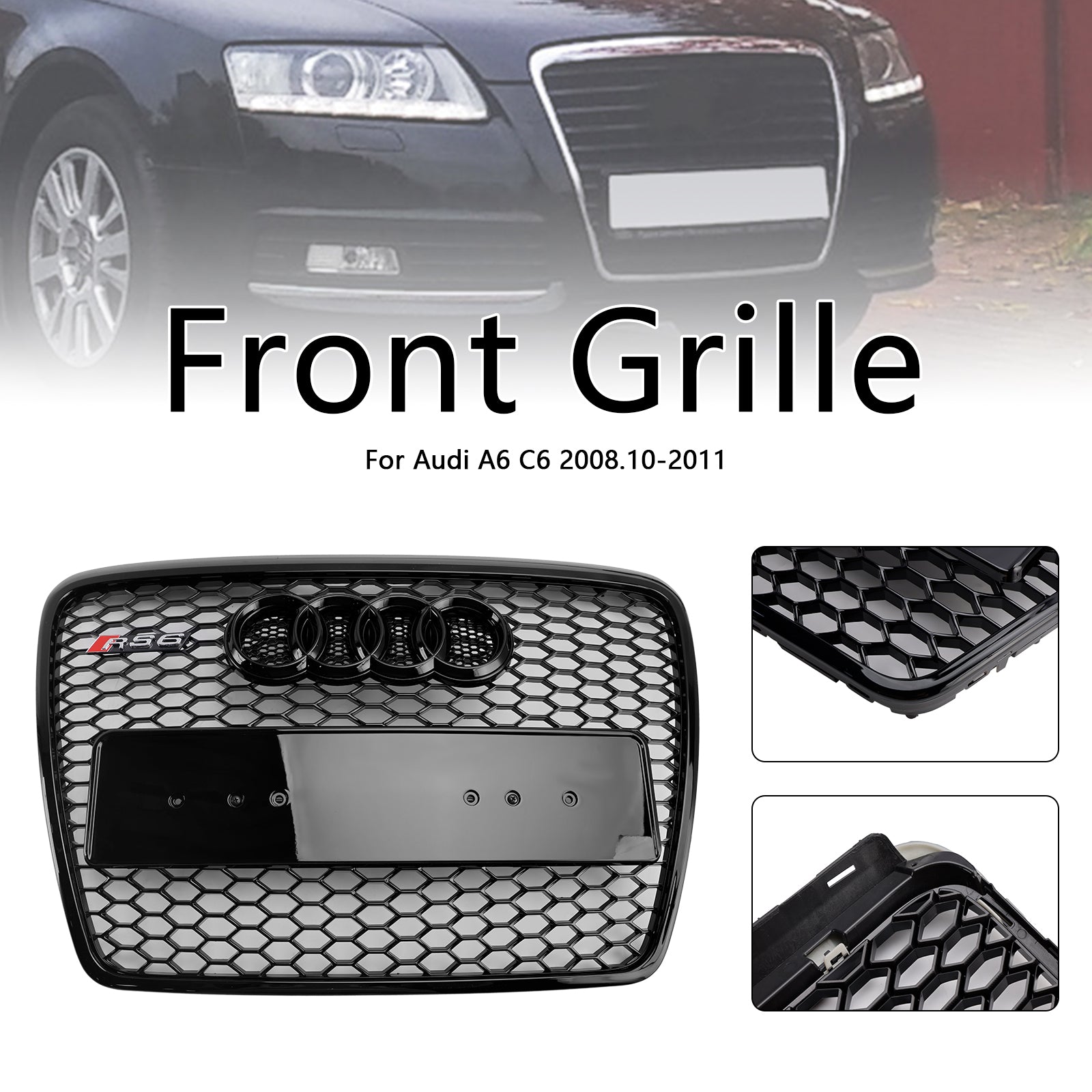 Grille de pare-chocs avant en nid d‘abeille noire pour Audi A6 C6 Facelift 2008-2011