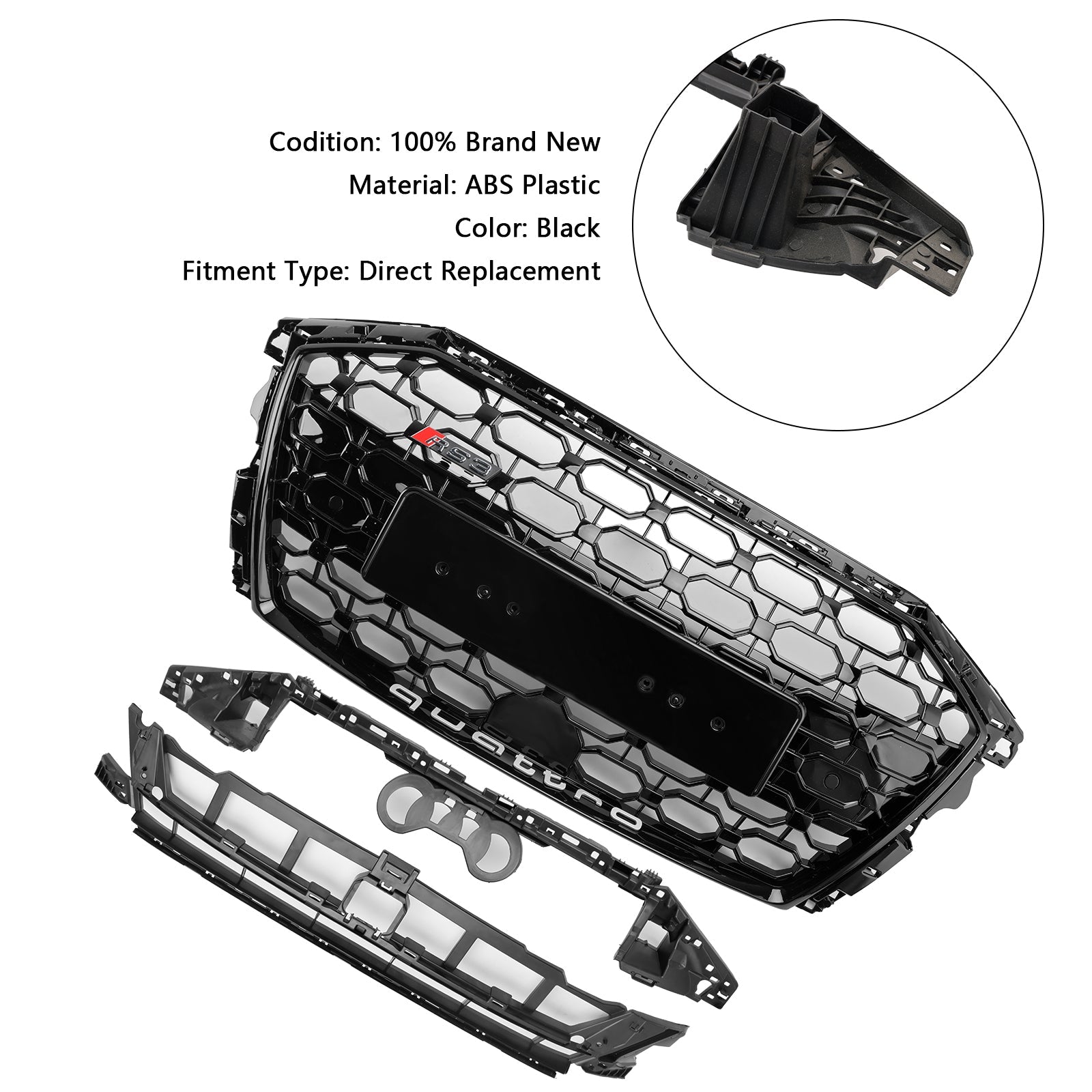 Griglia a nido d'ape in stile RS3 per Audi A3 S3 2020-2024 Nero luccicante