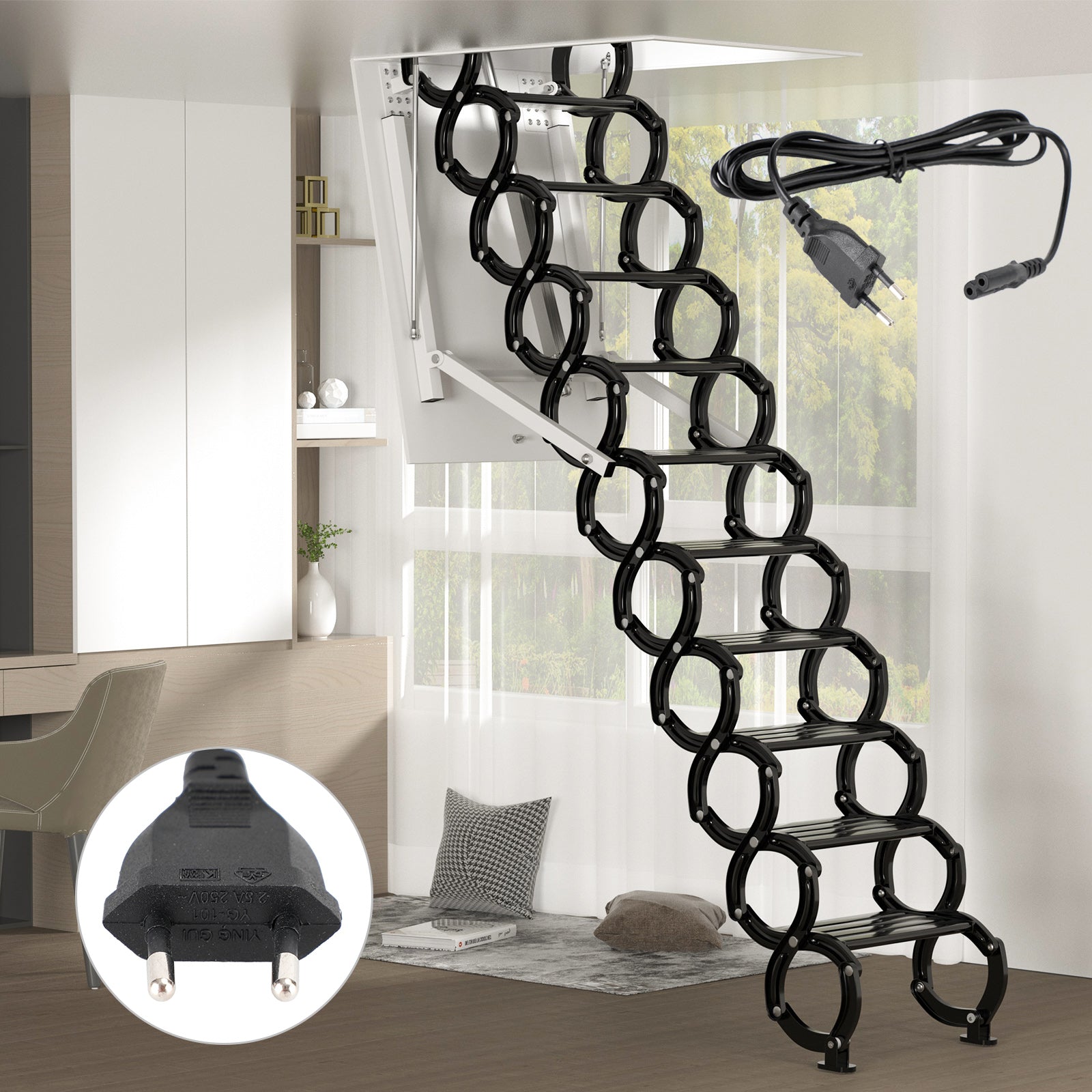 Scala Retrattile Elettrica per Mansarda - 11 Gradini - Indicatore in Alluminio - 290 cm max