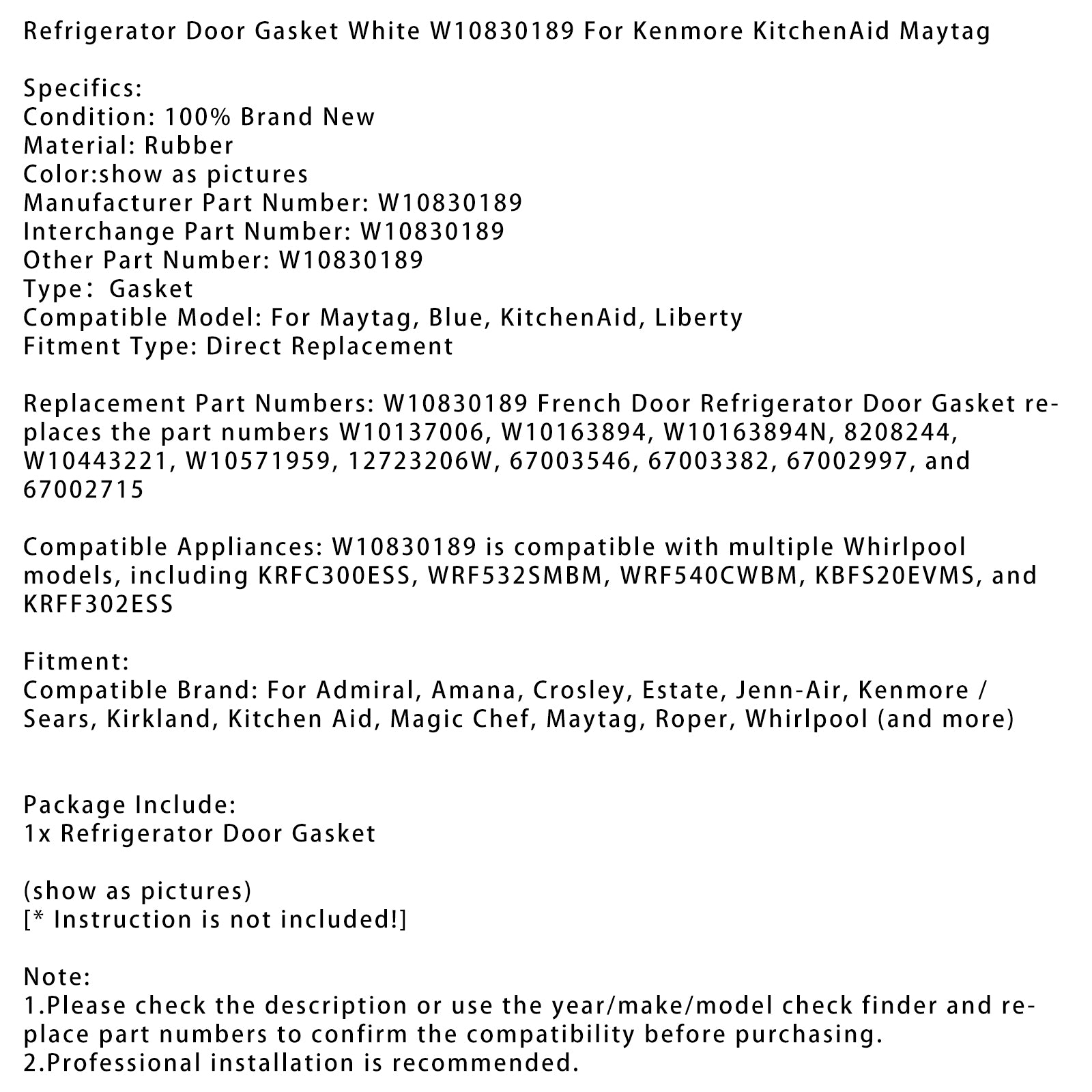 Belo tesnilo na vratih hladilnika W10830189 za Whirlpool Kenmore KitchenAid Maytag