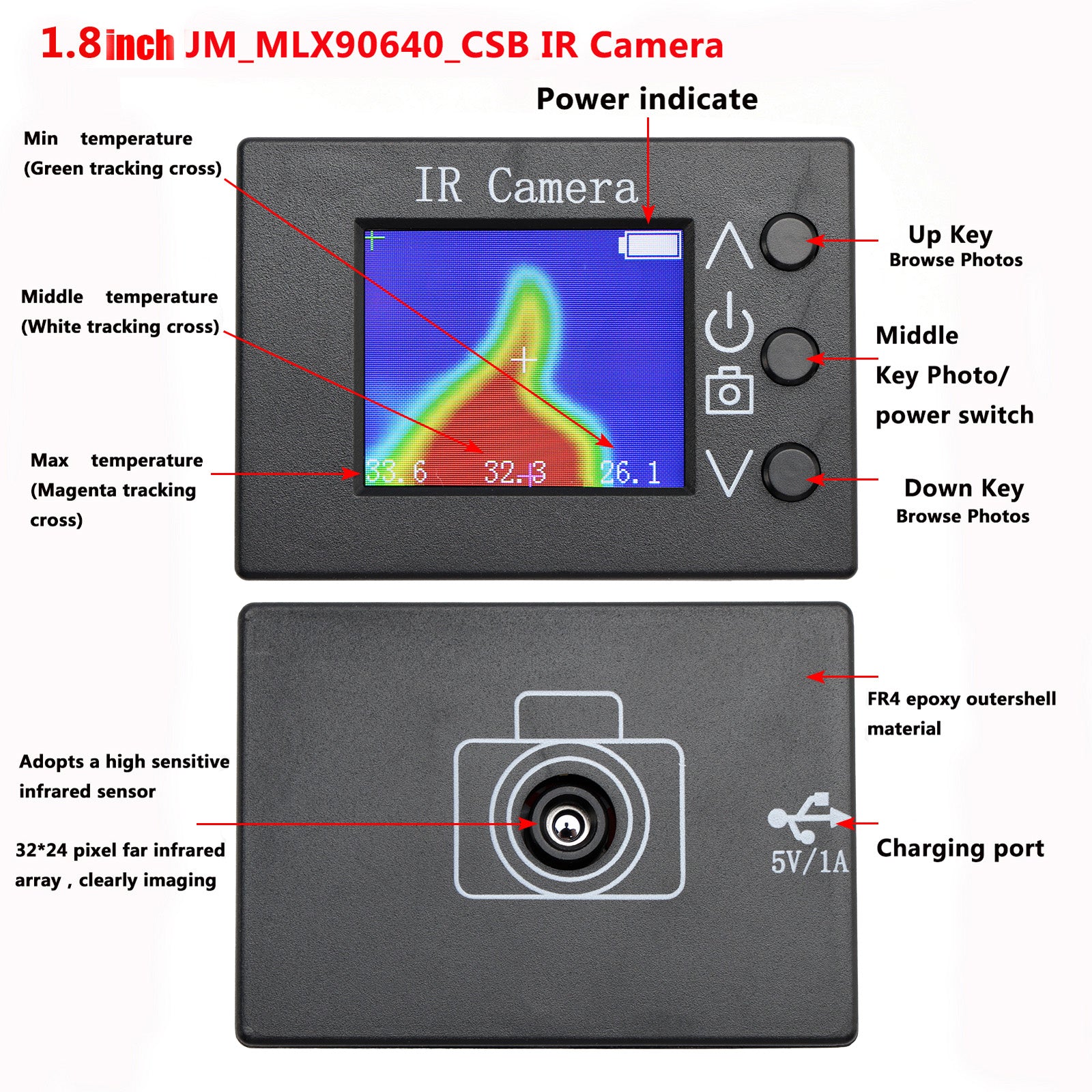 Imageur Thermique MLX90640 1.8" Détection De Capteurs De Température Infrarouge