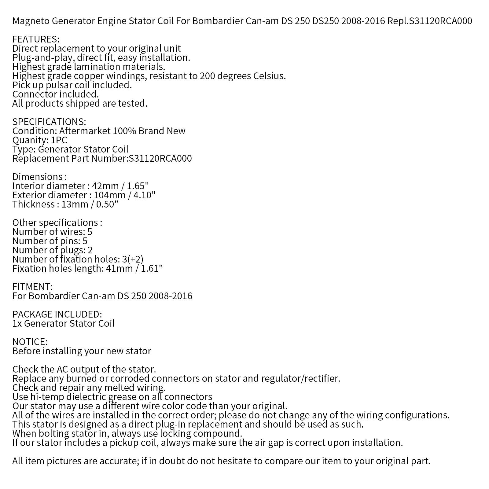 Ensemble stator d'alternateur pour Can-Am DS 250 DS250 2008-2016 Repl.S31120RCA000 Générique