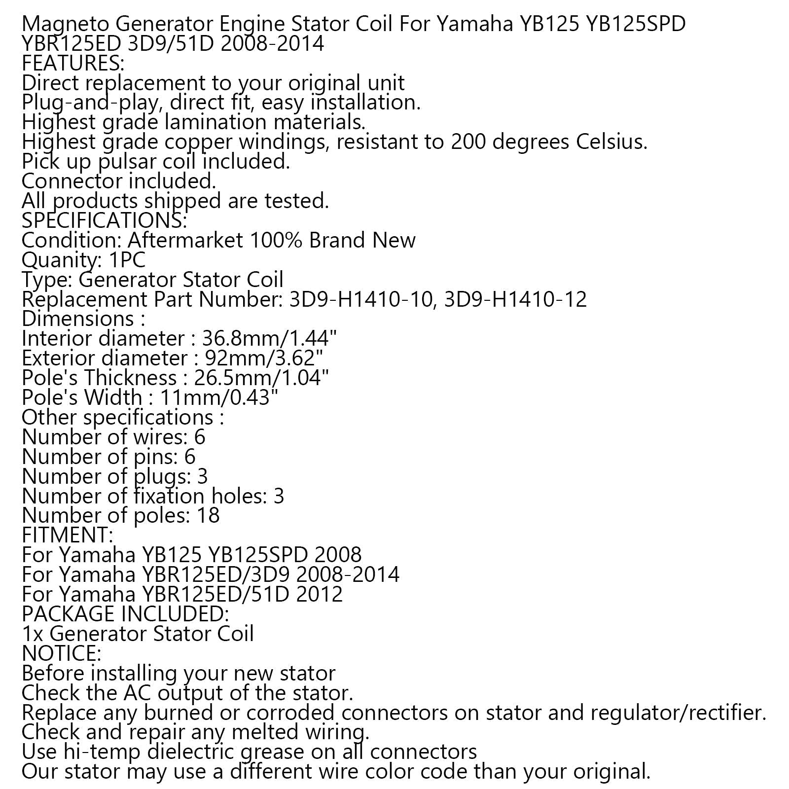 Magneto Stator Compatibel Yamaha YB125 YB125SPD YBR125ED/3D9 YBR125ED/51D 2008-2014