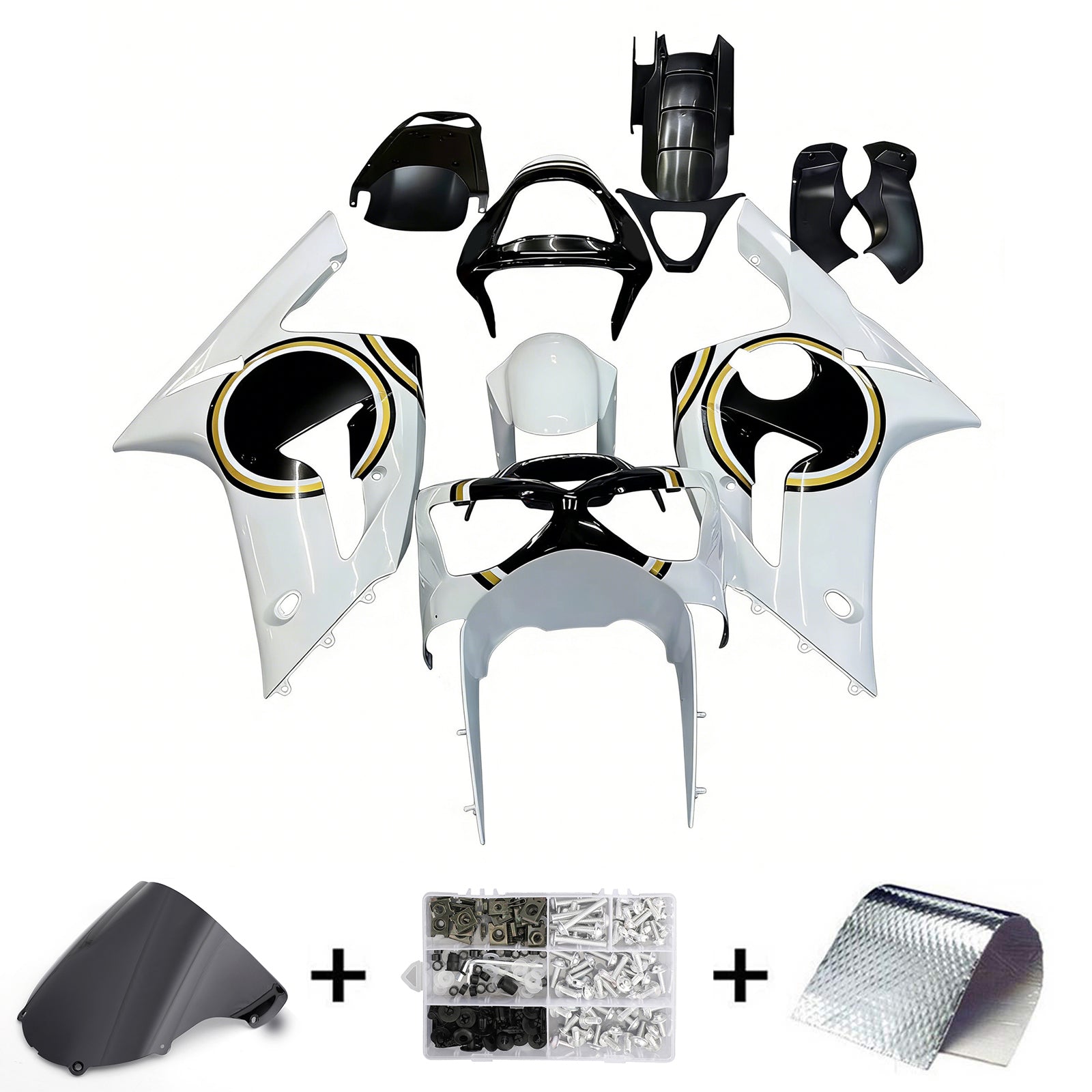Amotopart stroomlijnkappen 2003-2004 Kawasaki ZX6R 636 wit zwart Lucky Strike generiek