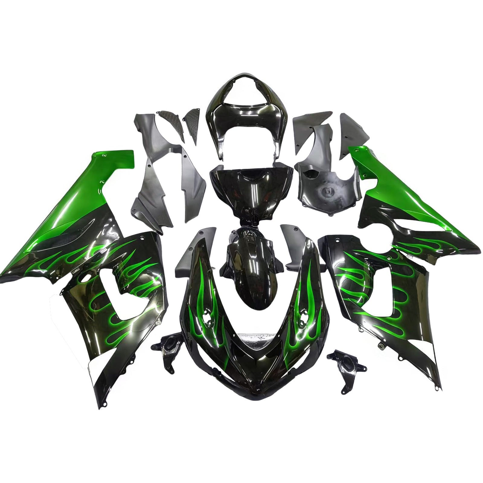 Carénages Amotopart 2005-2006 Kawasaki ZX6R 636 Black & Green Flame Ninja Generic