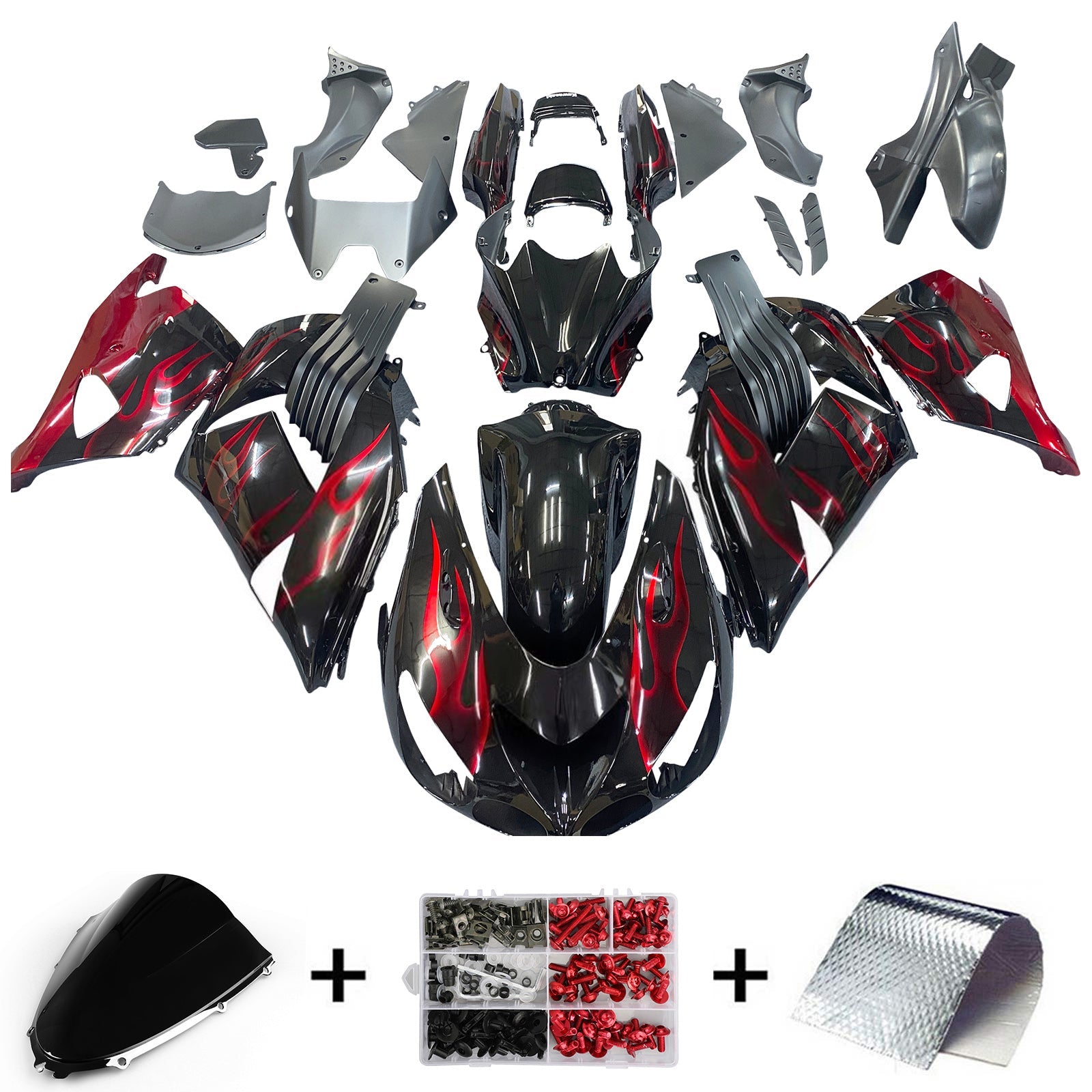 Ranges Amotopart 2006-2011 Kawasaki ZX14R črna in rdeča plamen ninja generična