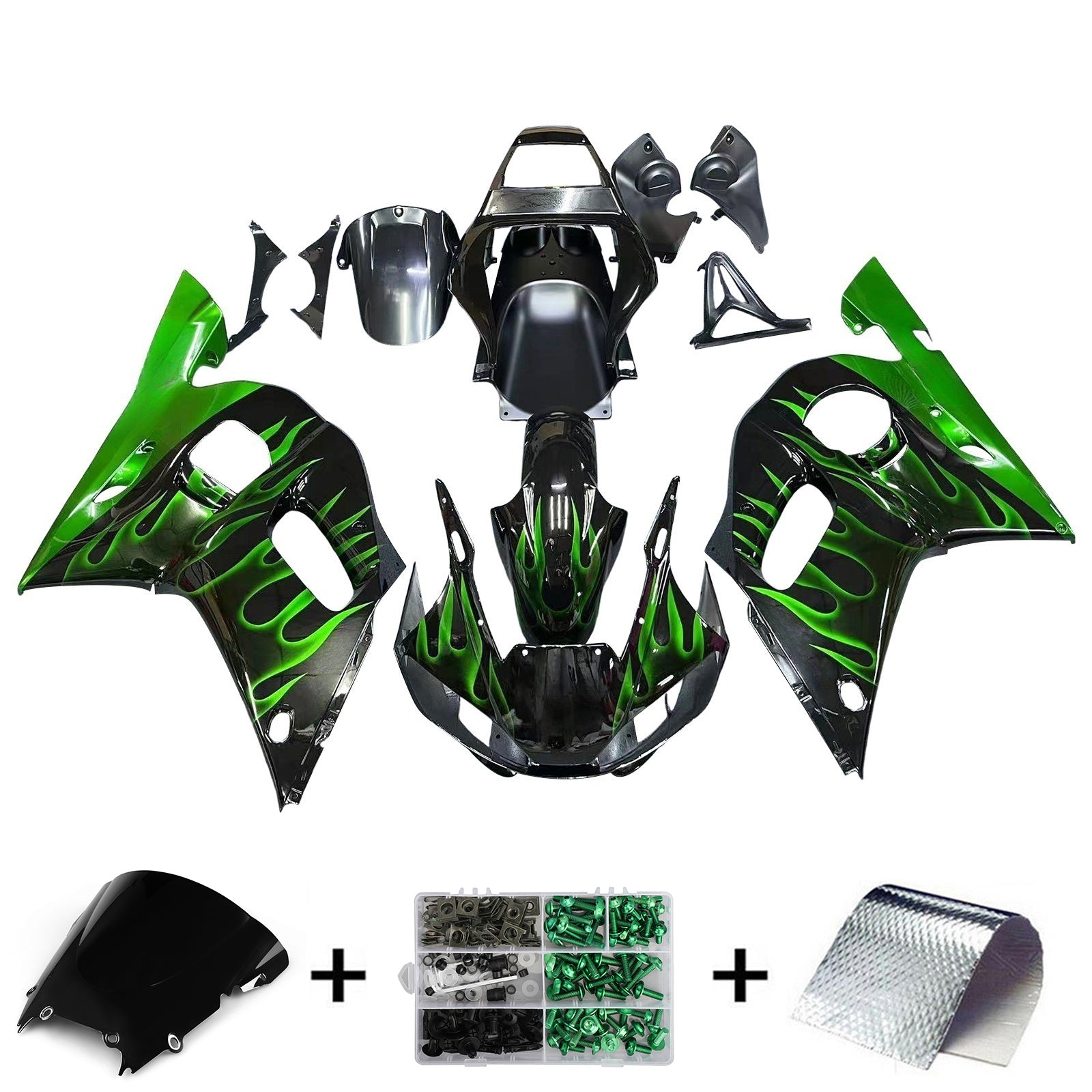 Carénages Amotopart 1998-2002 Yamaha YZF-R6 Black & Green Flame R6 Generic