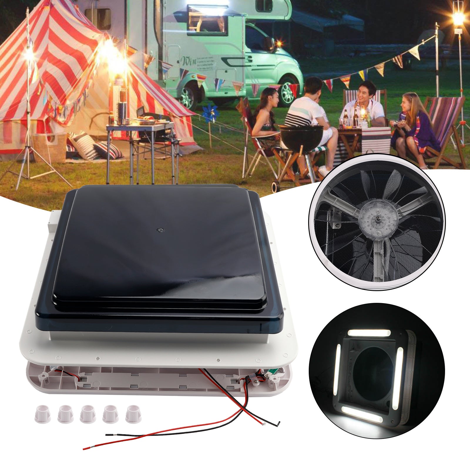 11 tuuman asuntovaunun kattotuuletin, 3-nopeuksinen moottori, 12 V kattoikkuna LED-valolla