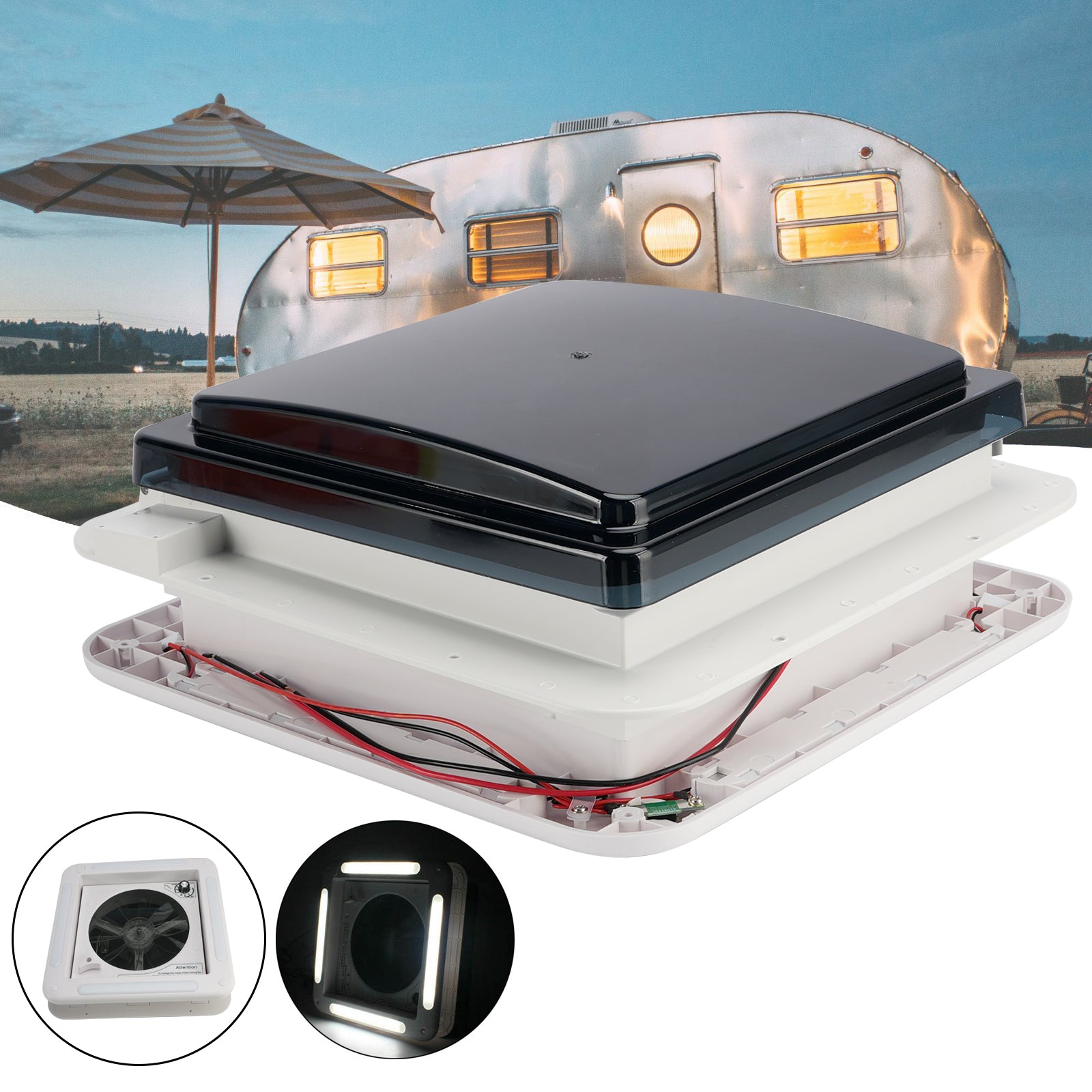 11" Wentylator dachowy do przyczepy kempingowej, silnik 3-biegowy, okno dachowe 12 V z oświetleniem LED