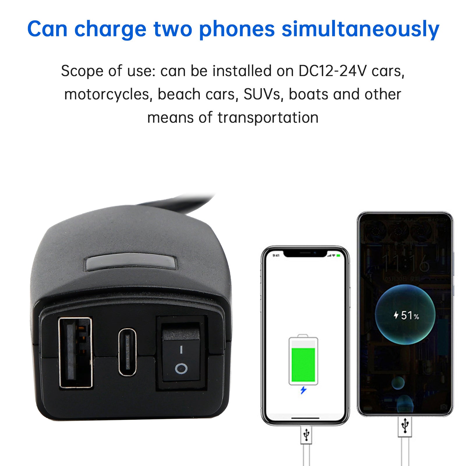 USB polnilnik USB za krmilo za motorna kolesa, adapter PDP+QC3.0 Tip C