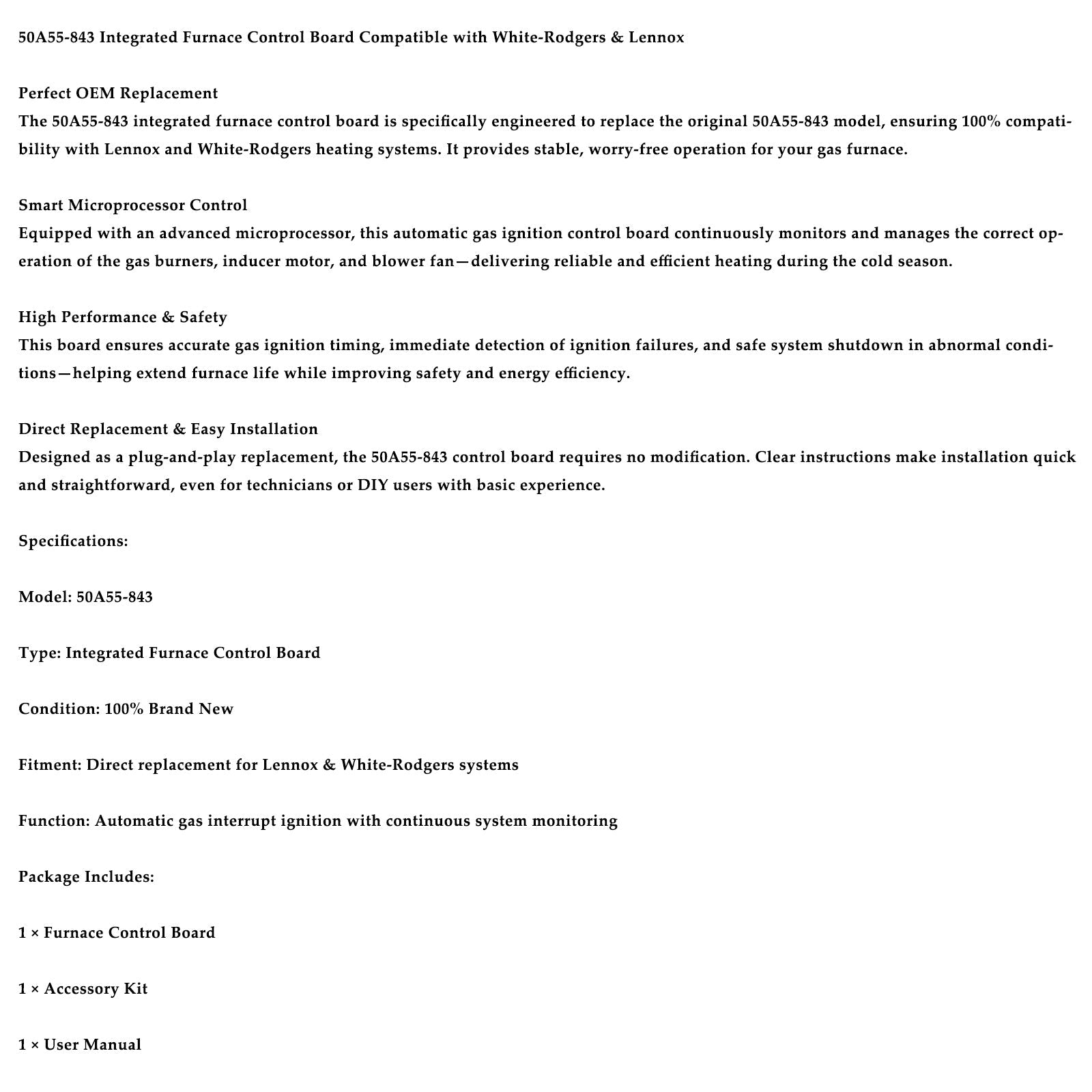 Carte de circuit imprimé de remplacement pour fournaise White Rodgers 50A55-843