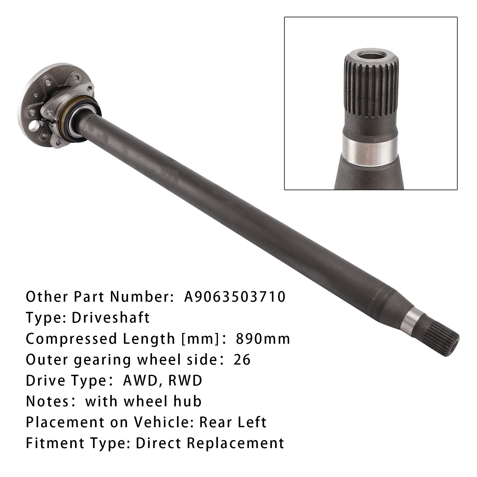 Links achterste transmissieas voor Mercedes-Benz Sprinter 3.5-T B906 324.0 3.5 (2006-2016) Chassis-Cabine A9063503710