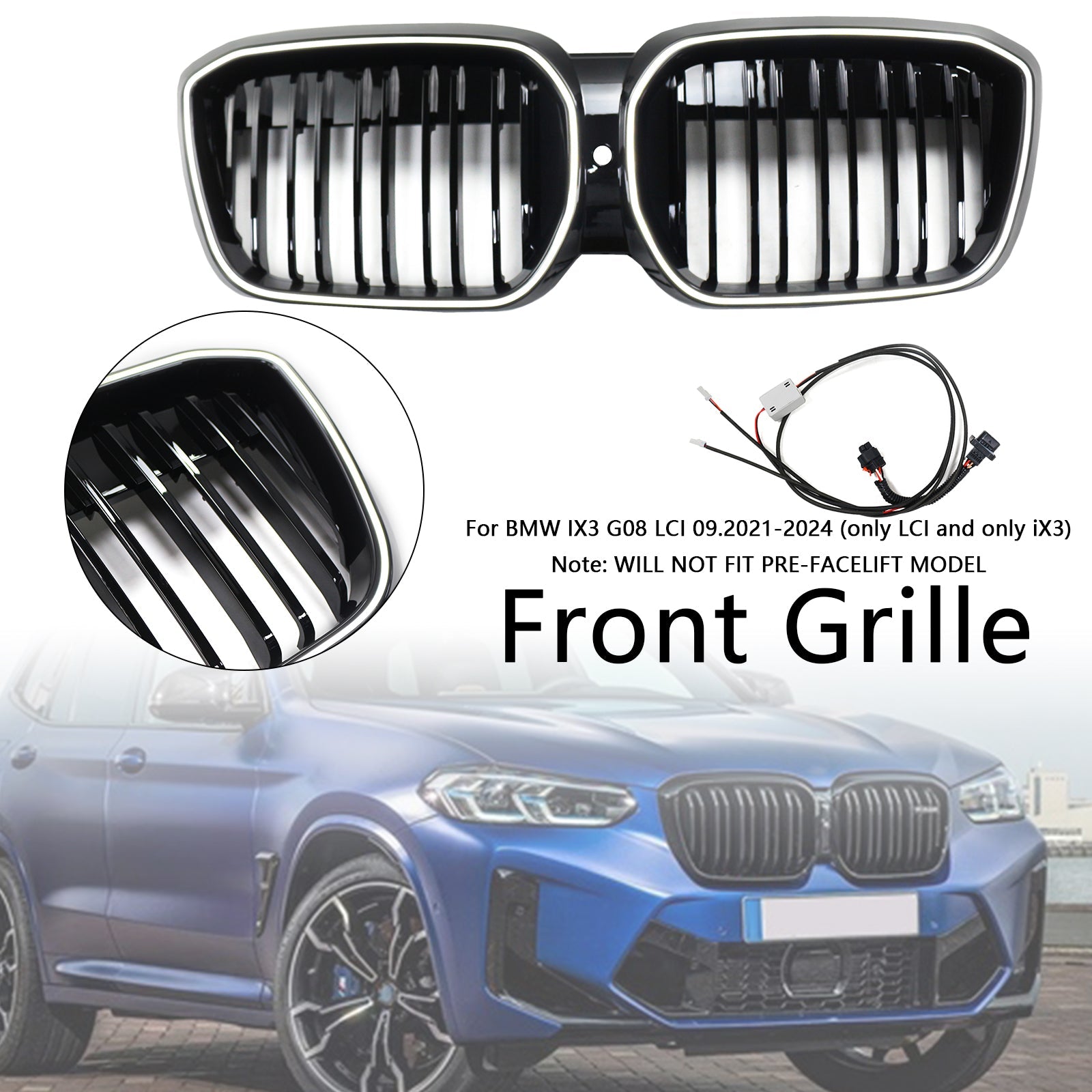 Grille de calandre avant noire à double lamelles pour BMW IX3 G08 LCI 2022-2024