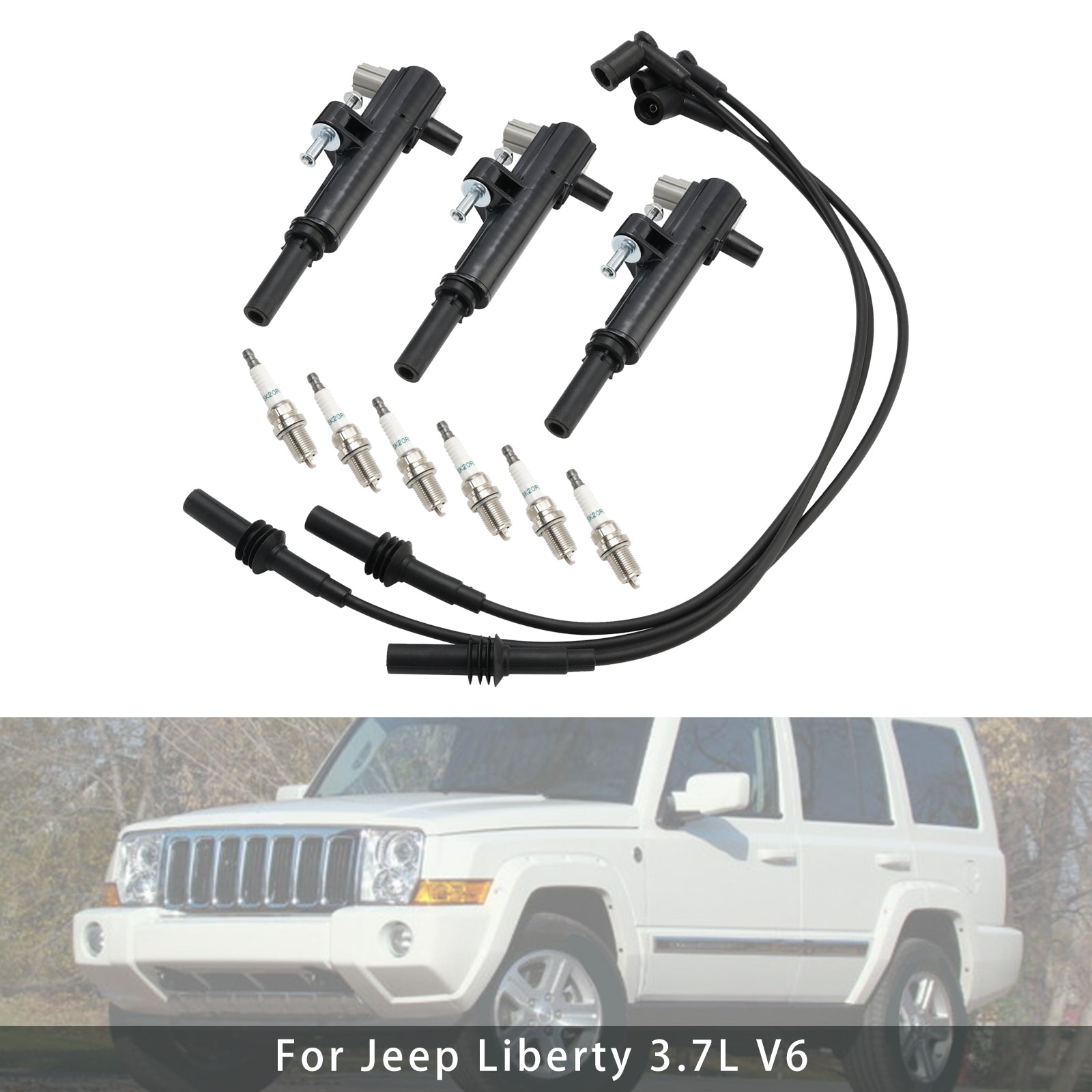 Jeep Grand Cherokee V6 3.7L 2009-2010 3 cewki zapłonowe + 6 świec zapłonowych + 3 przewody UF640