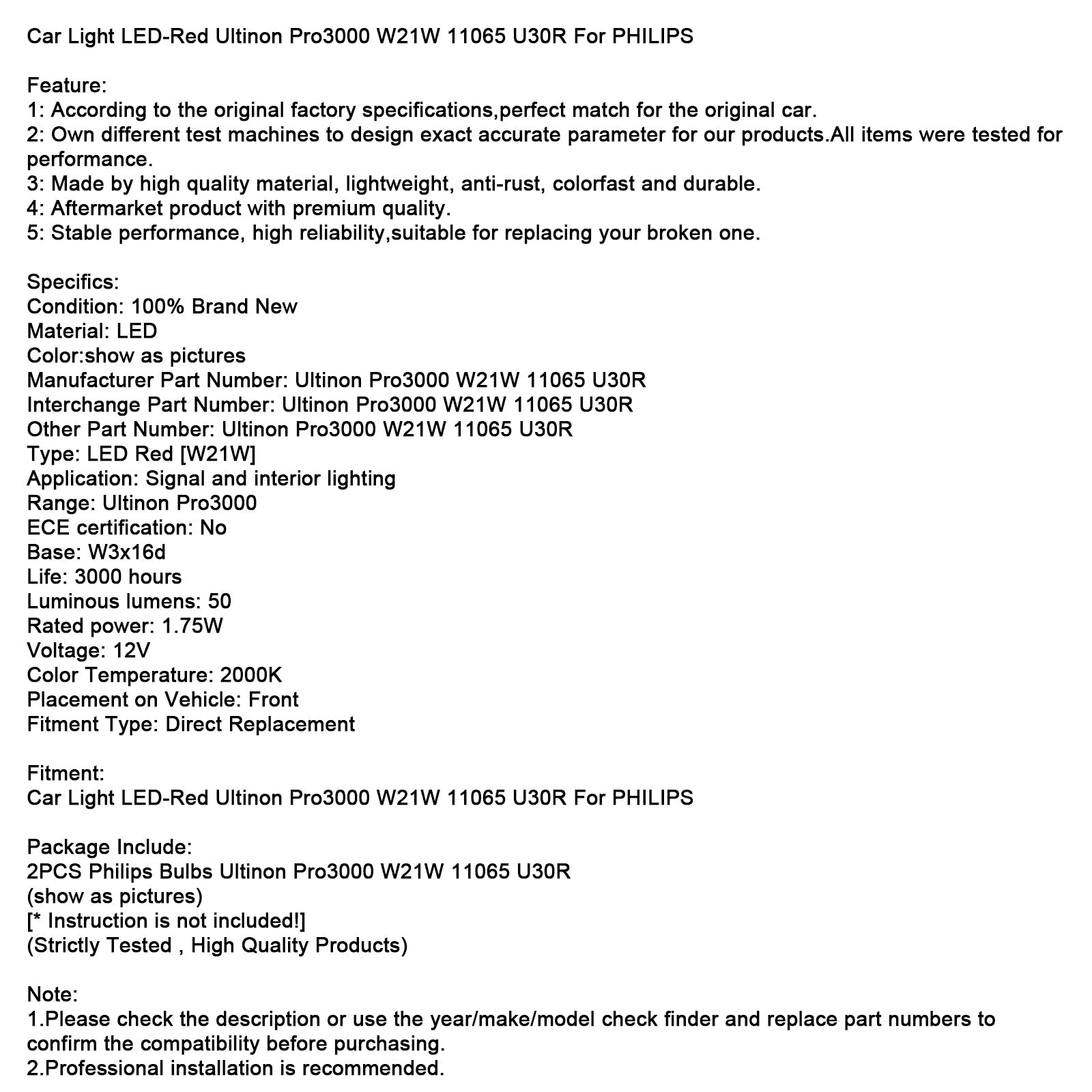 Faro LED rojo Ultinon Pro3000 W21W 11065 U30R para coche Philips
