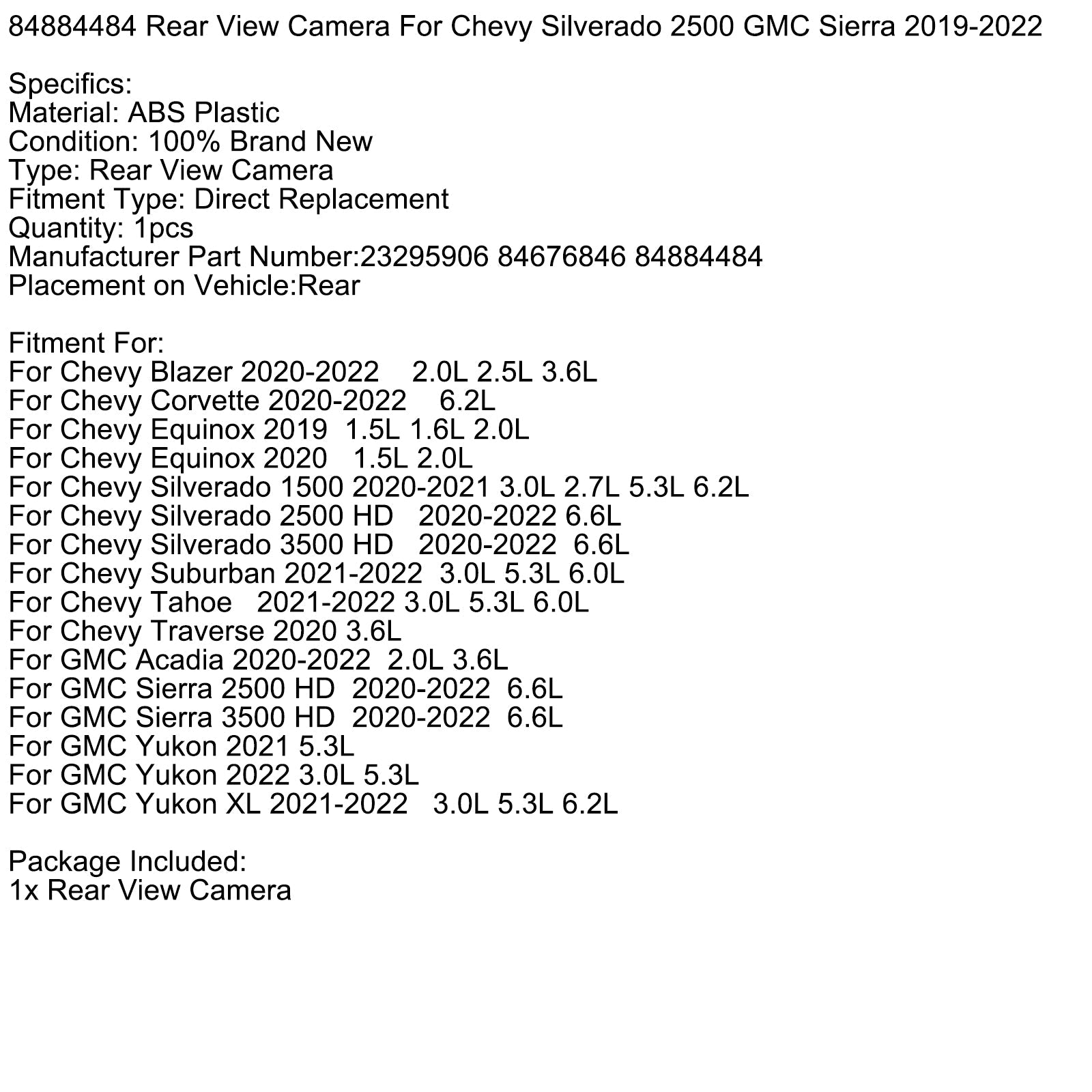 Oververska kamera za GMC Sierra 2500 HD 6,6 L 2020-2022 84884484