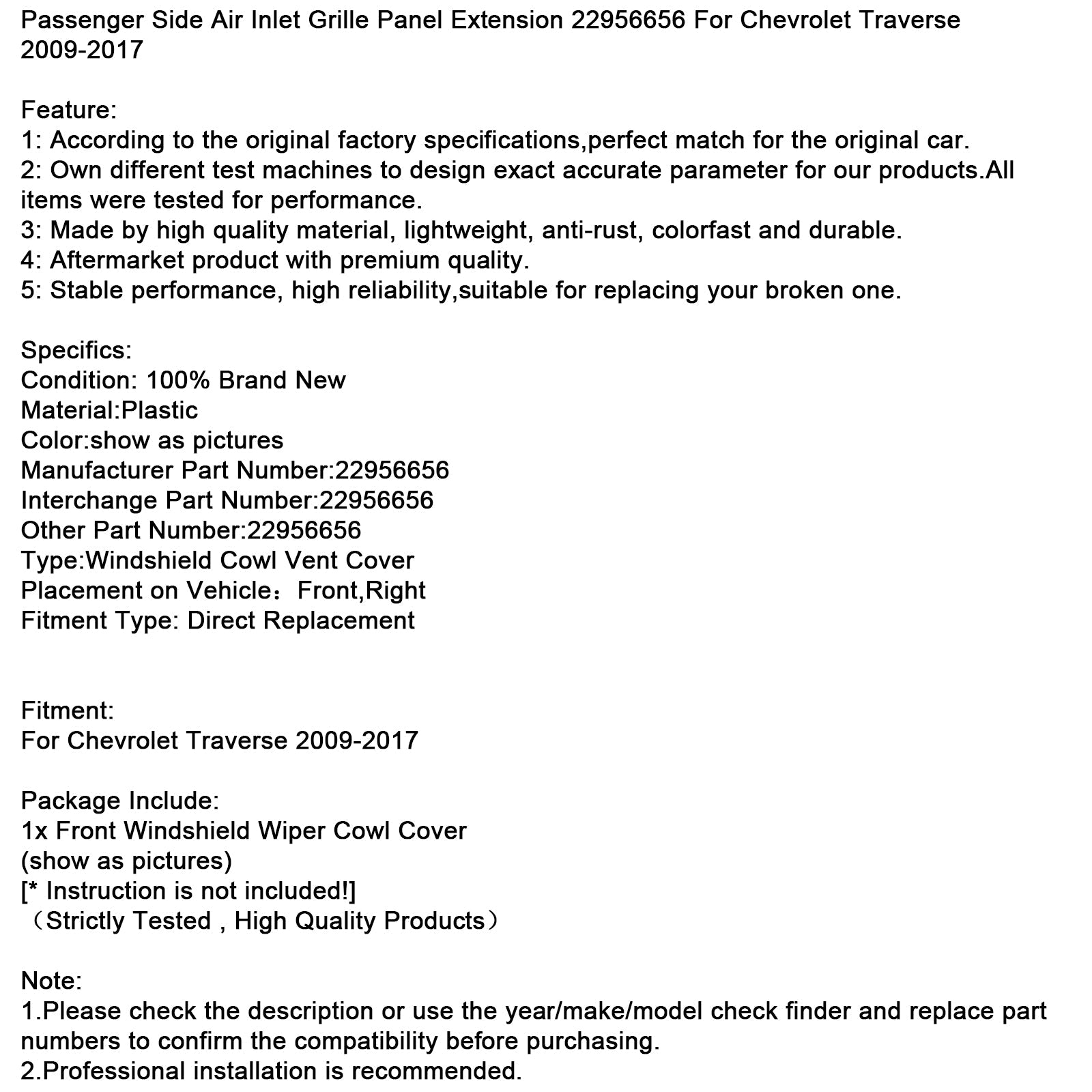 Estensione del pannello della griglia di aspirazione dell'aria lato passeggero per Chevrolet Traverse 2009-2017, codice articolo 22956656