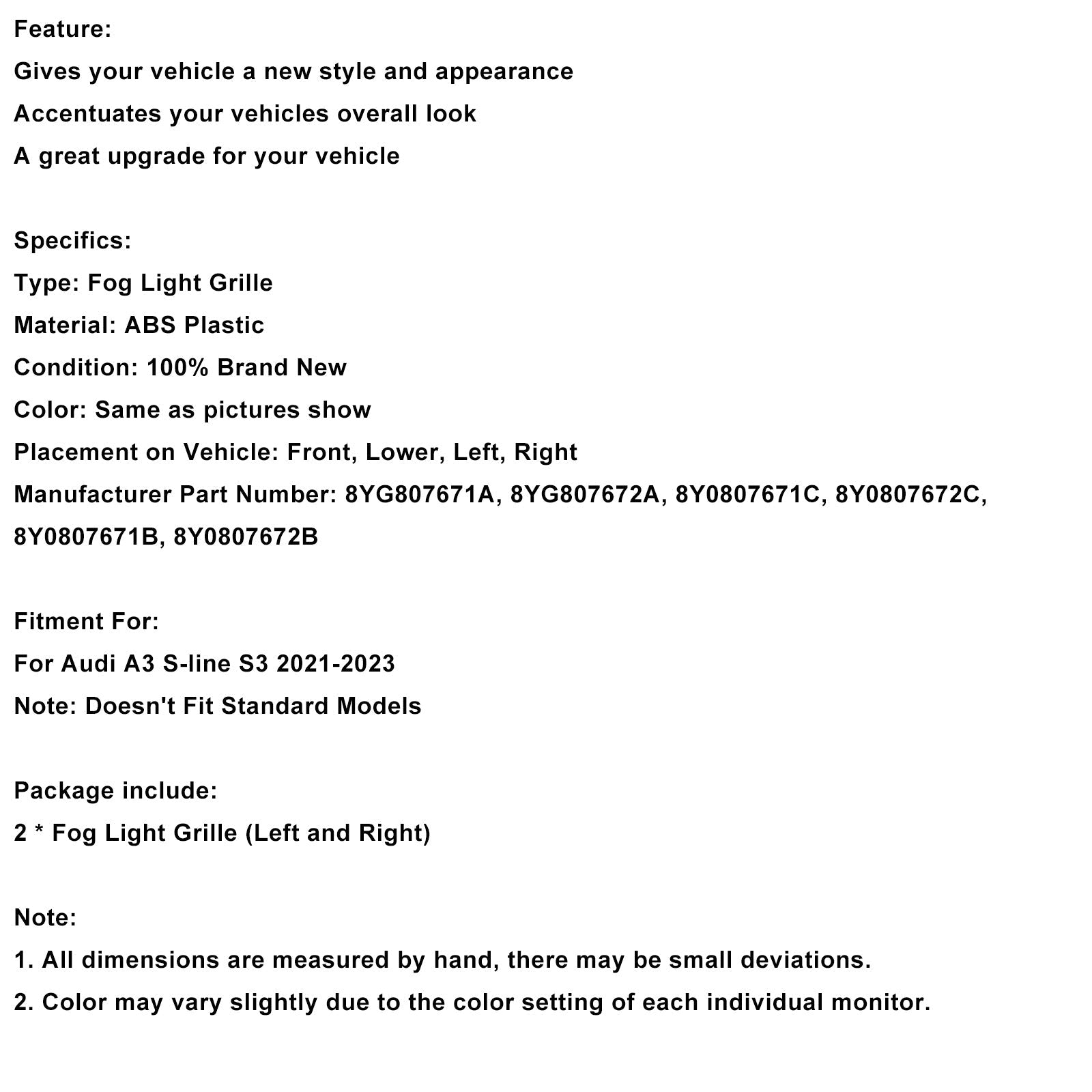Zwarte honingraat beschermgrille'Bee voor mistlampen aan de voorzijde, compatibel met Audi A3 S-line 2021-2023