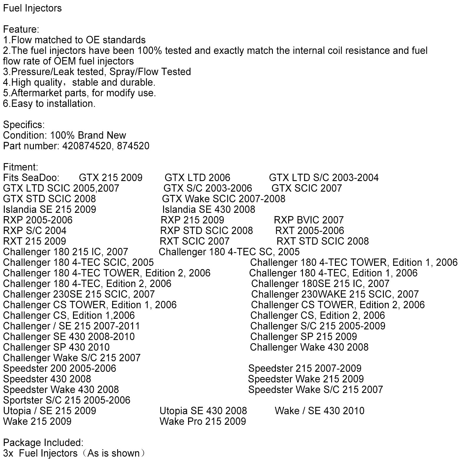 Dużo 3 wtryskiwaczy paliwa 420874520 874520 dla Sea-Doo GTX 4 TEC GTX 215 GTX RXP