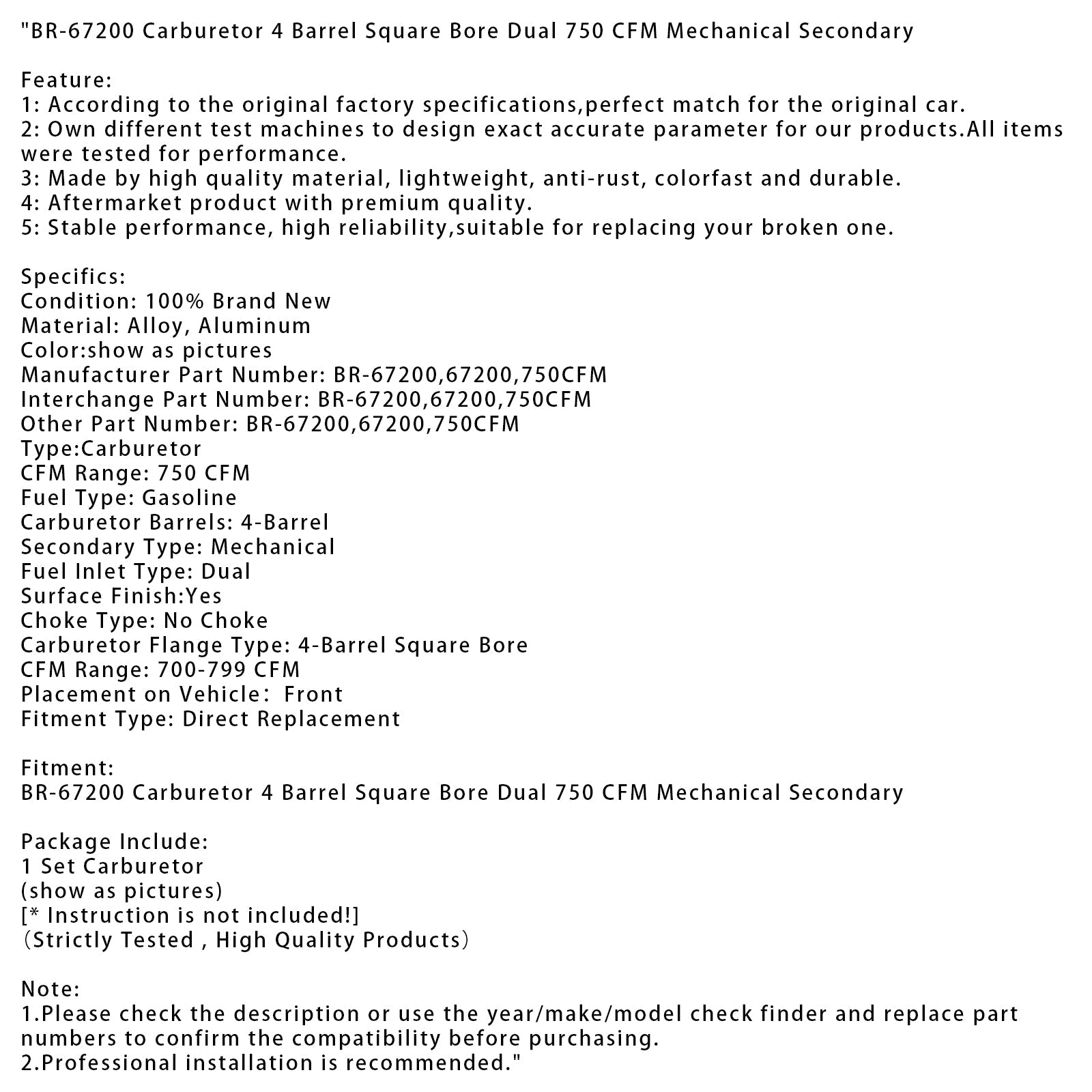 Carburateur BR-67200 à 4 corps, alésage carré, double 750 pi3/min, mécanique secondaire