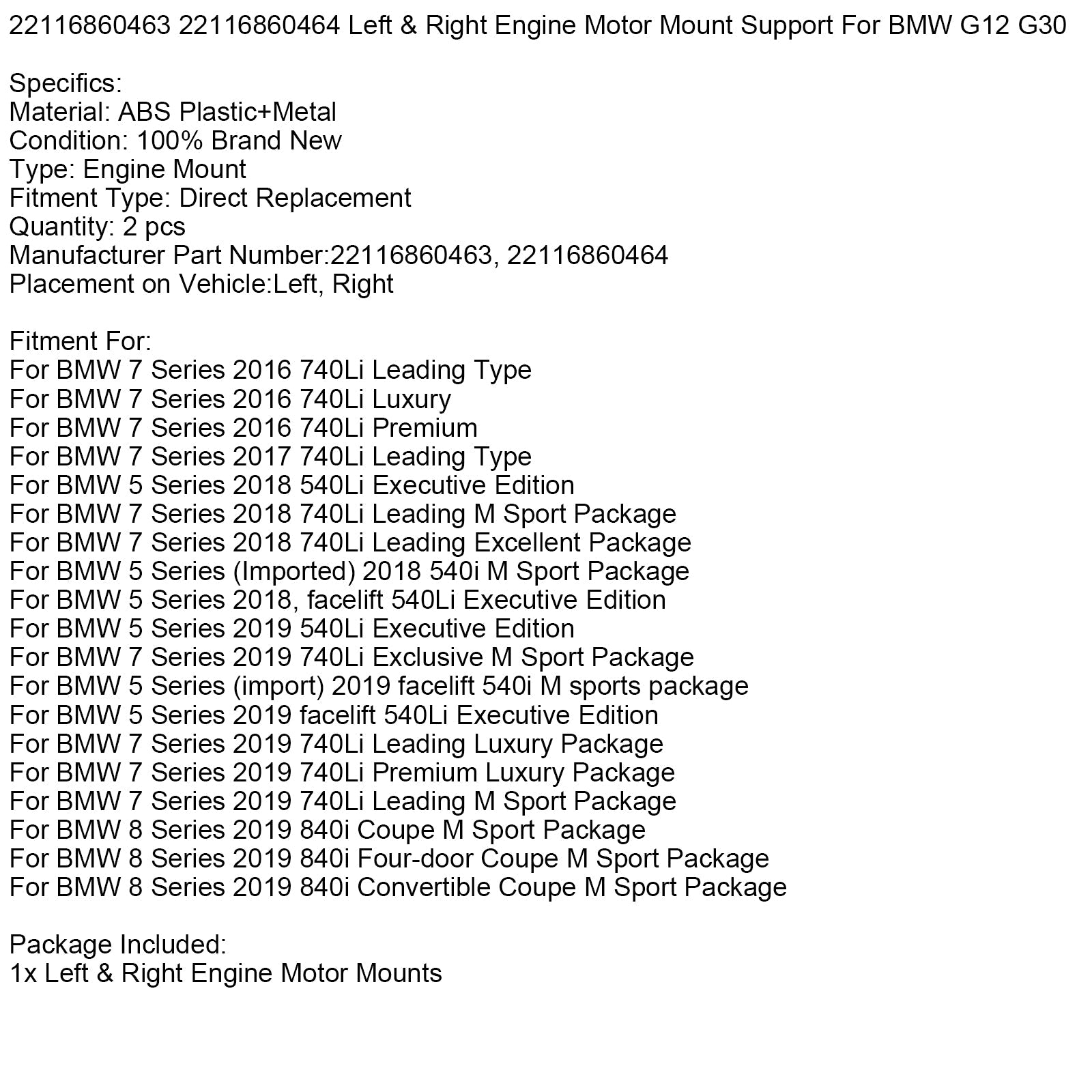 Support moteur gauche et droit pour BMW Série 8 840i Cabriolet Coupé M Sport Package 2019 22116860463 22116860464