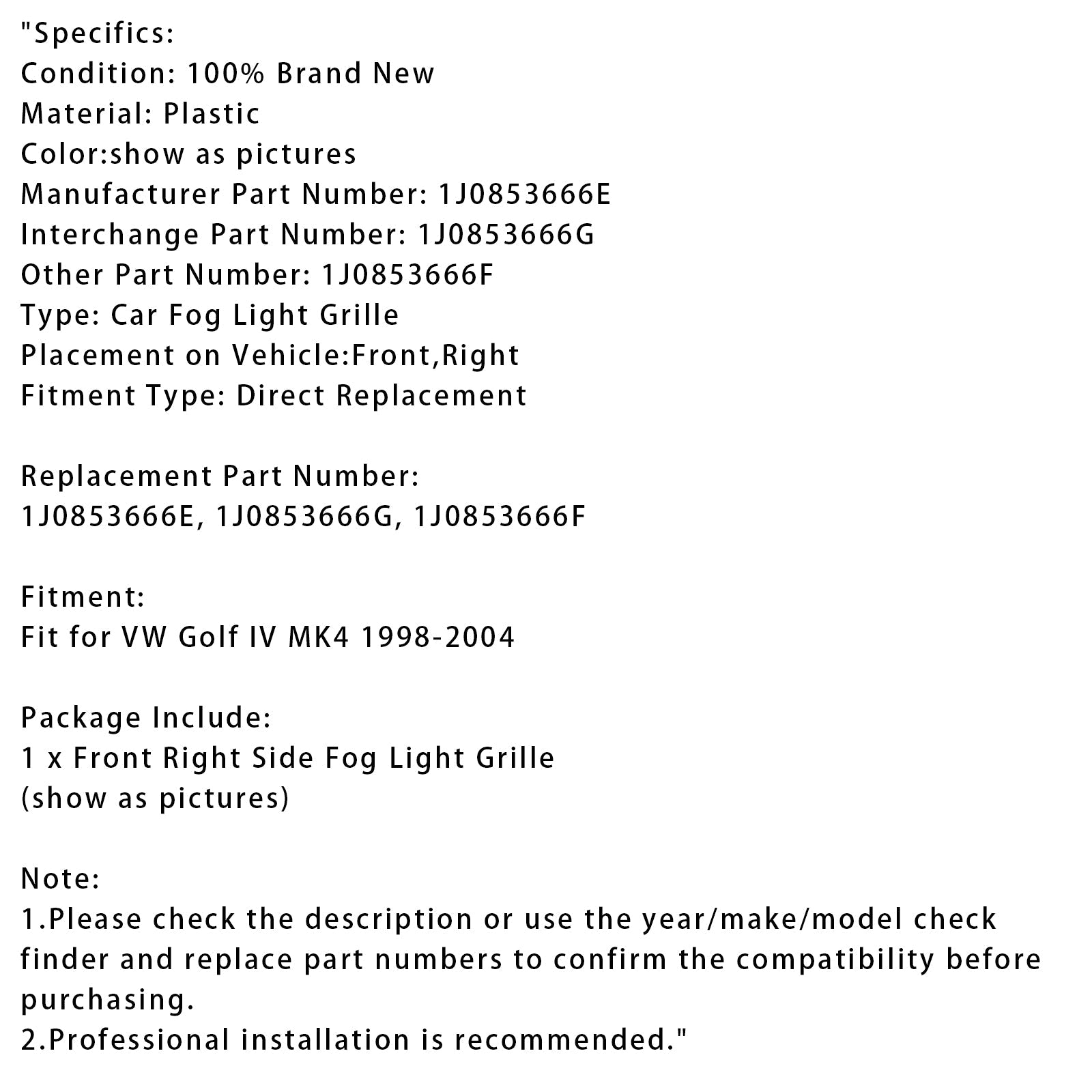 Grille de pare-chocs avant droite et feu antibrouillard pour VW Golf IV MK4 1998-2004 1J0853666E 1J0853666G