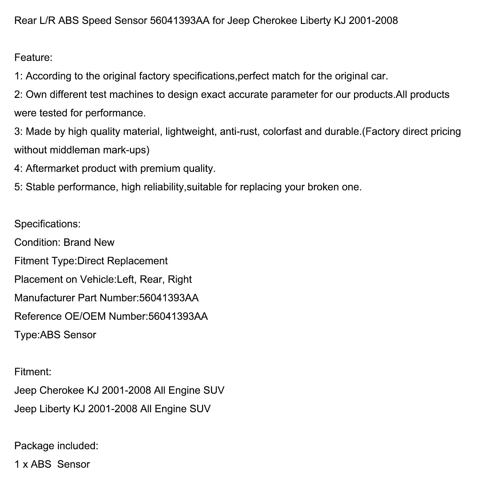 Sensor de velocidad ABS trasero 56041393AA para Jeep Cherokee Liberty KJ 2001-2008