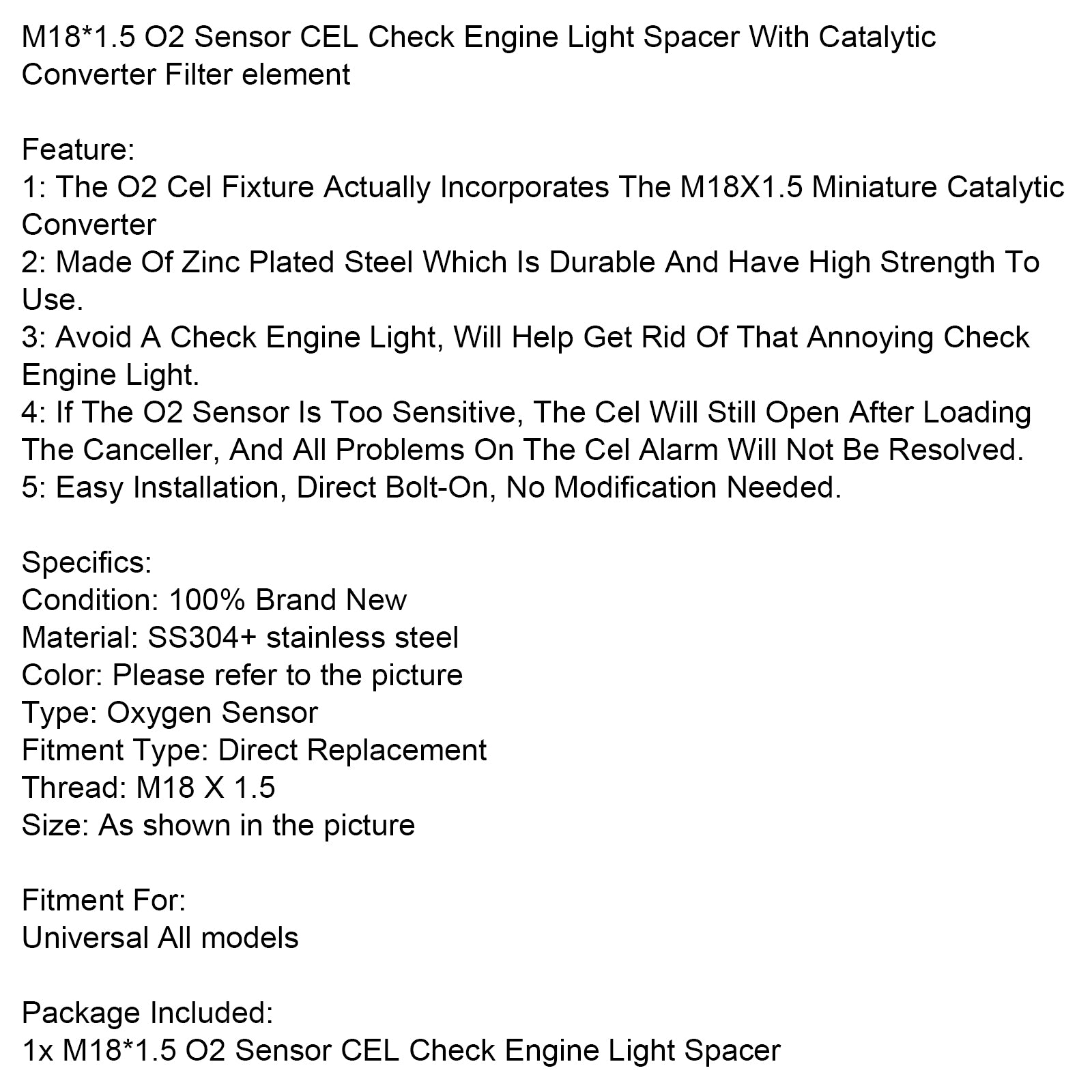 M18*1.5 O2 Sensor CEL Check Engine Light Spacer W/Catalytic Converter Filter element